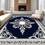 Elegant White Floral Dark Blue Rug