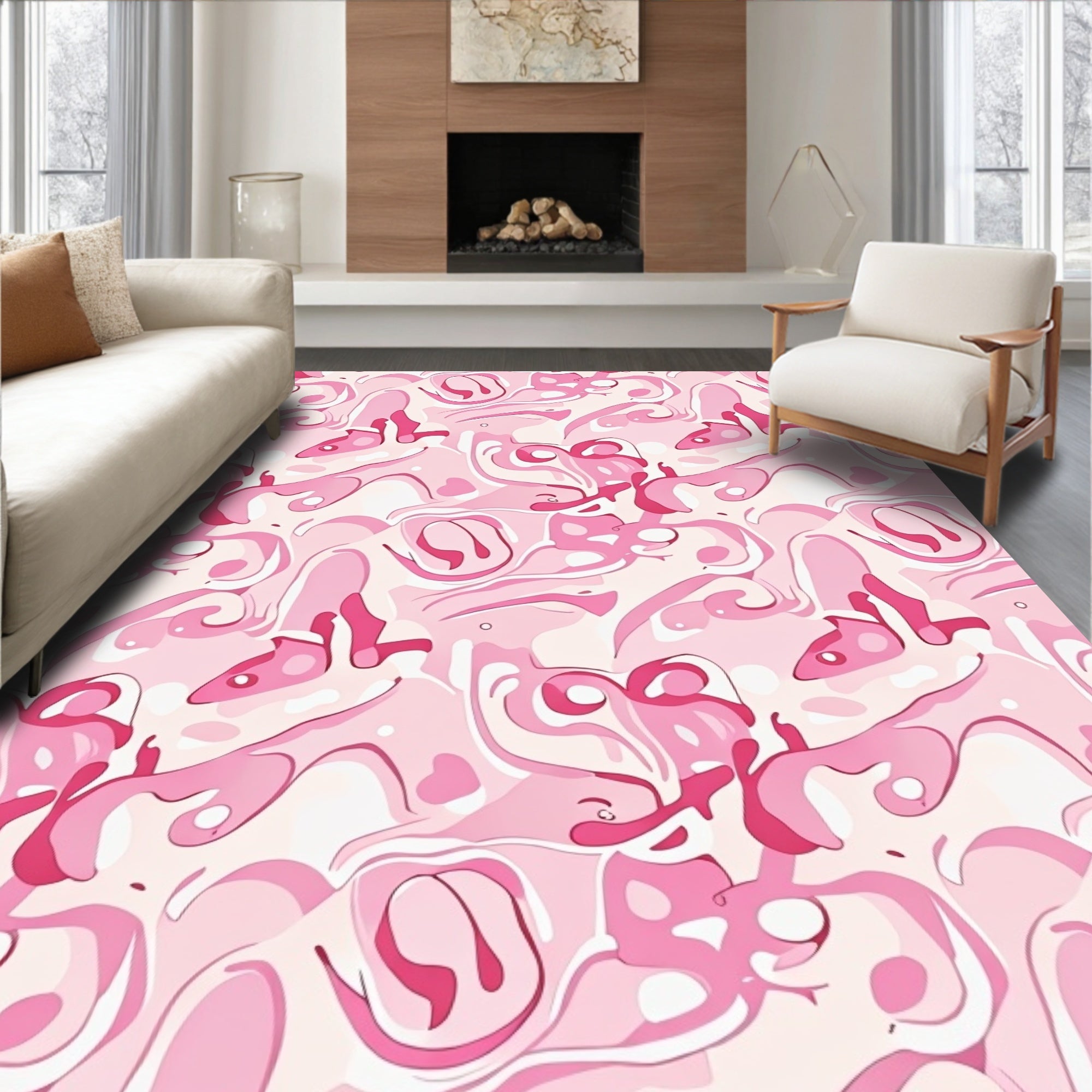 Contemporary Pink Swirl Abstract Design Rug