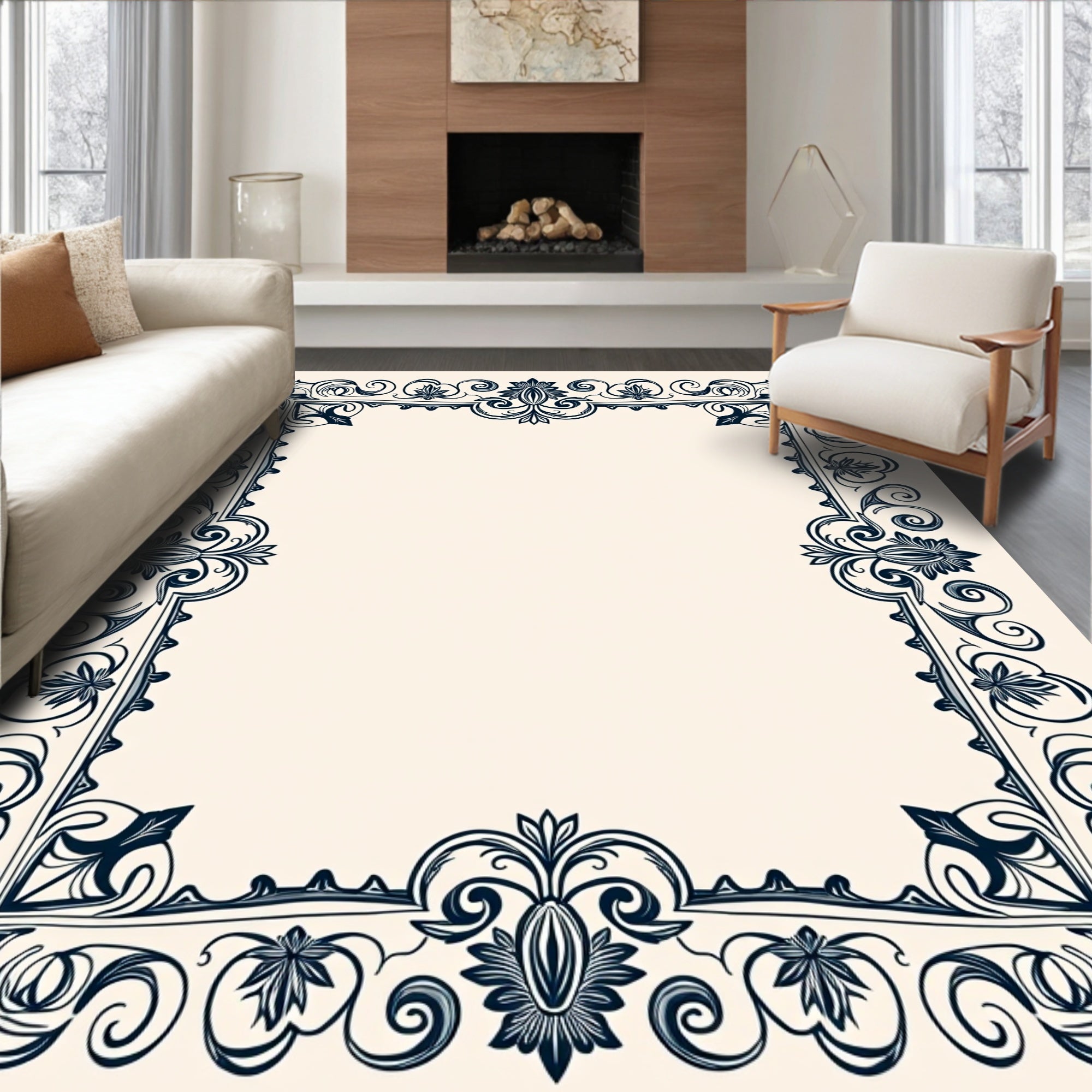 Elegant Floral Scroll Border Design Rug