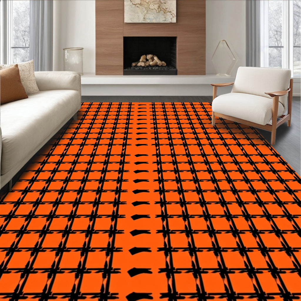 Bold Orange Black Grid Pattern Rug