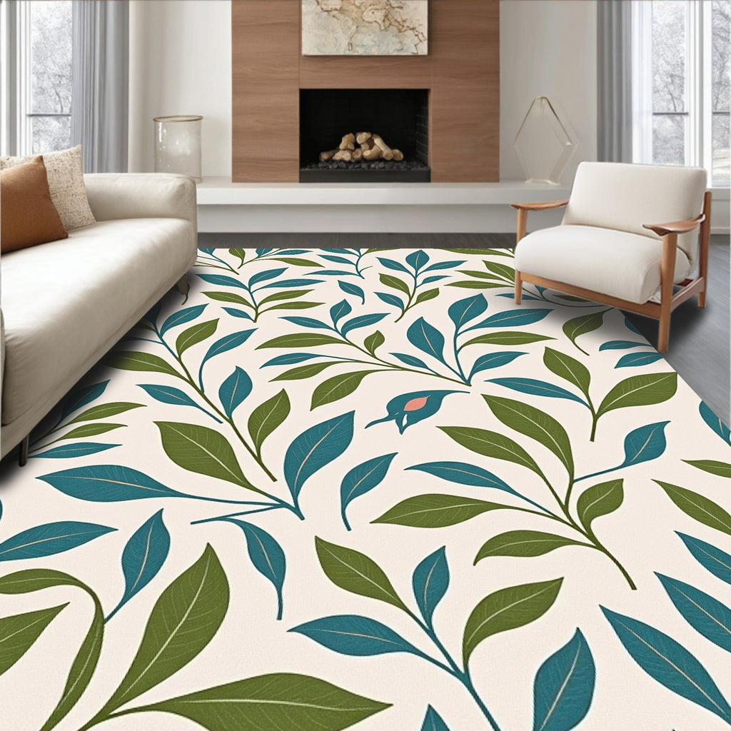 Teal And Green Leaf Pattern Rug