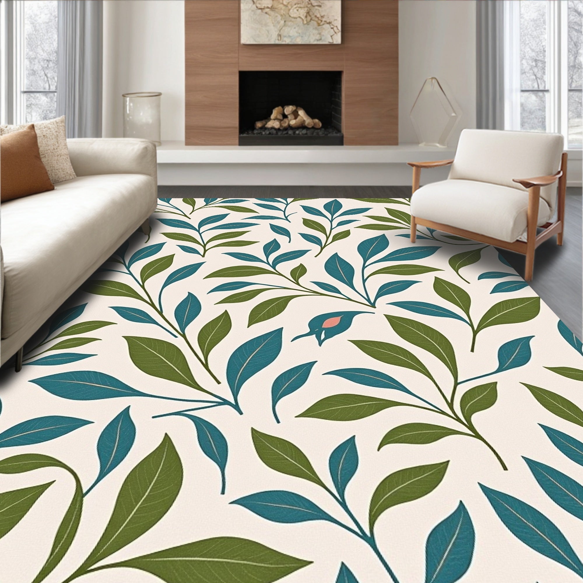 Teal And Green Leaf Pattern Rug