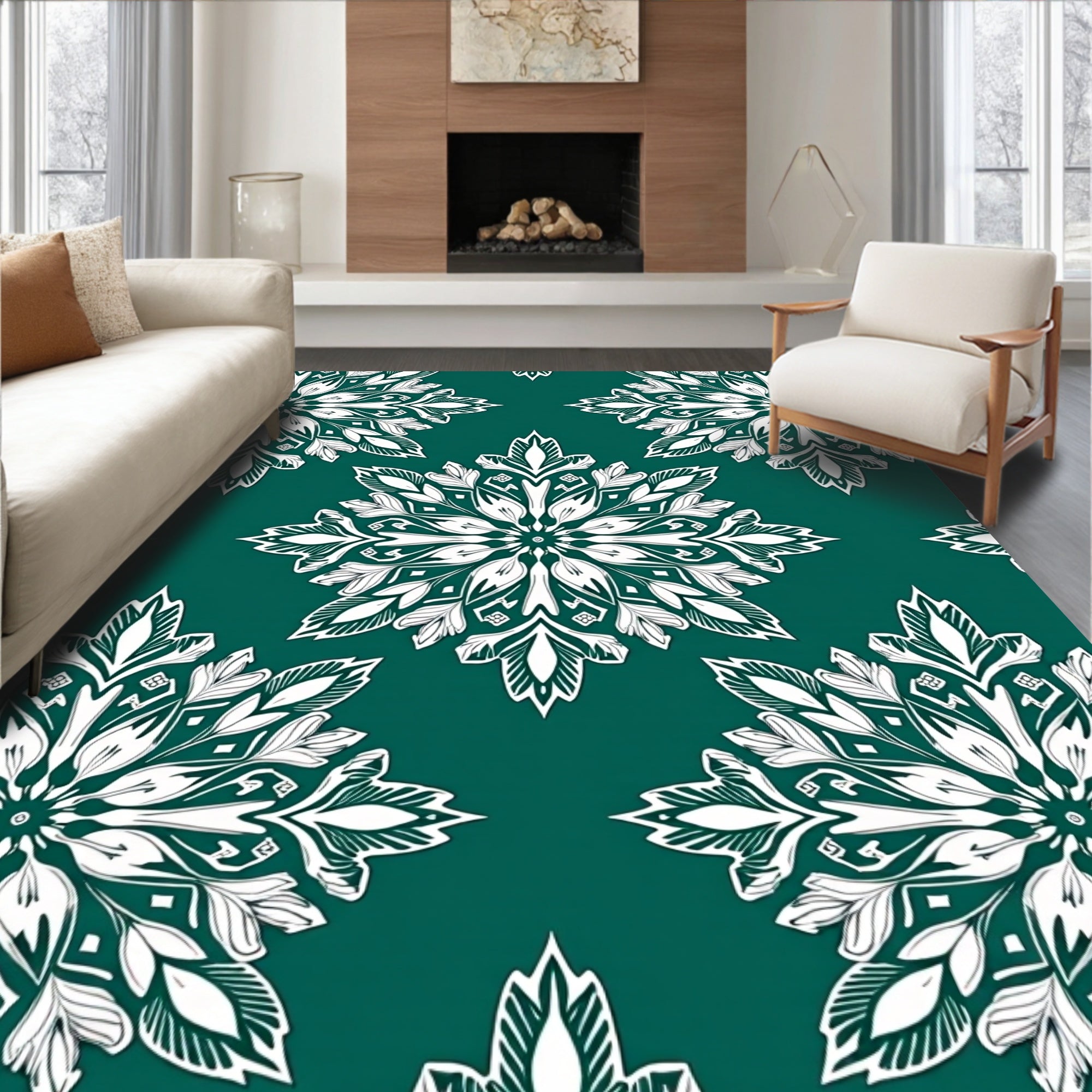 White Floral Medallion Pattern Rug