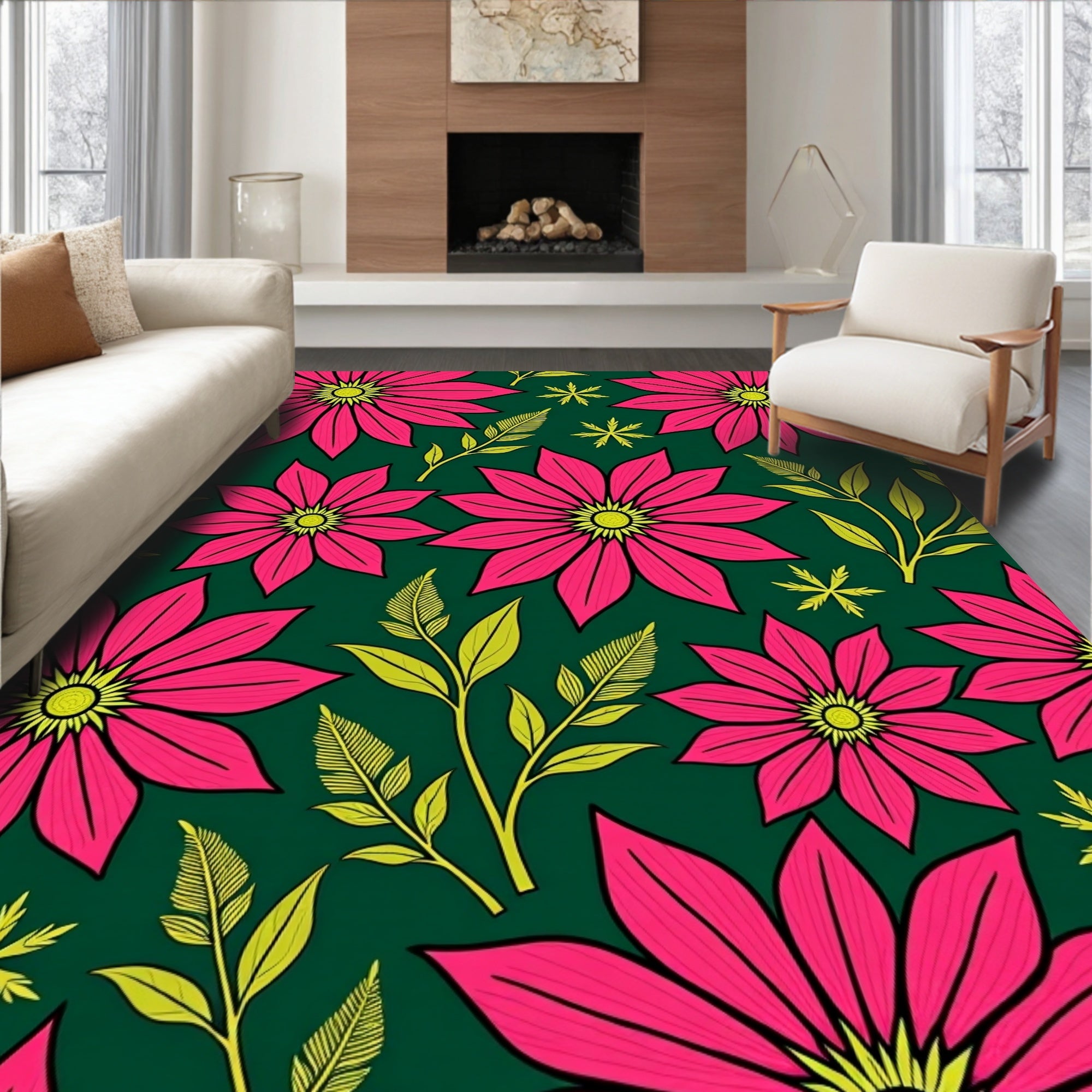 Vibrant Pink Floral Garden Green Rug