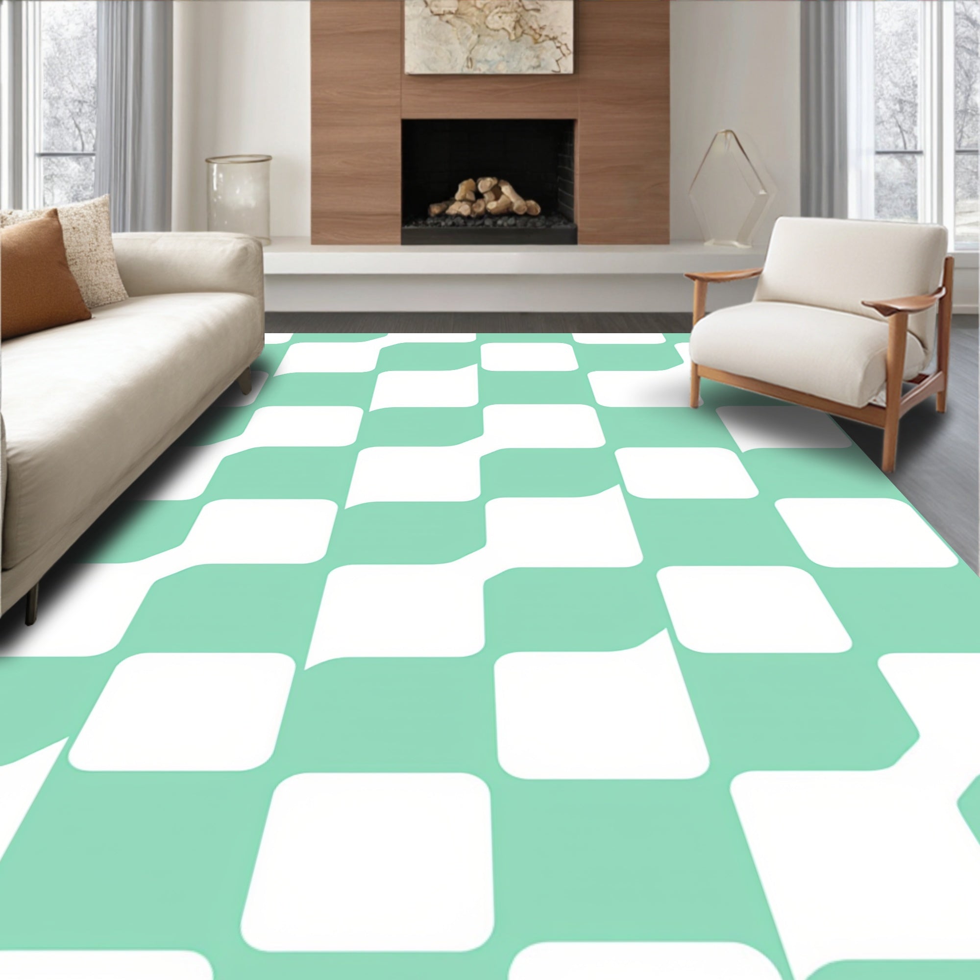 Geometric Teal And White Pattern Rug