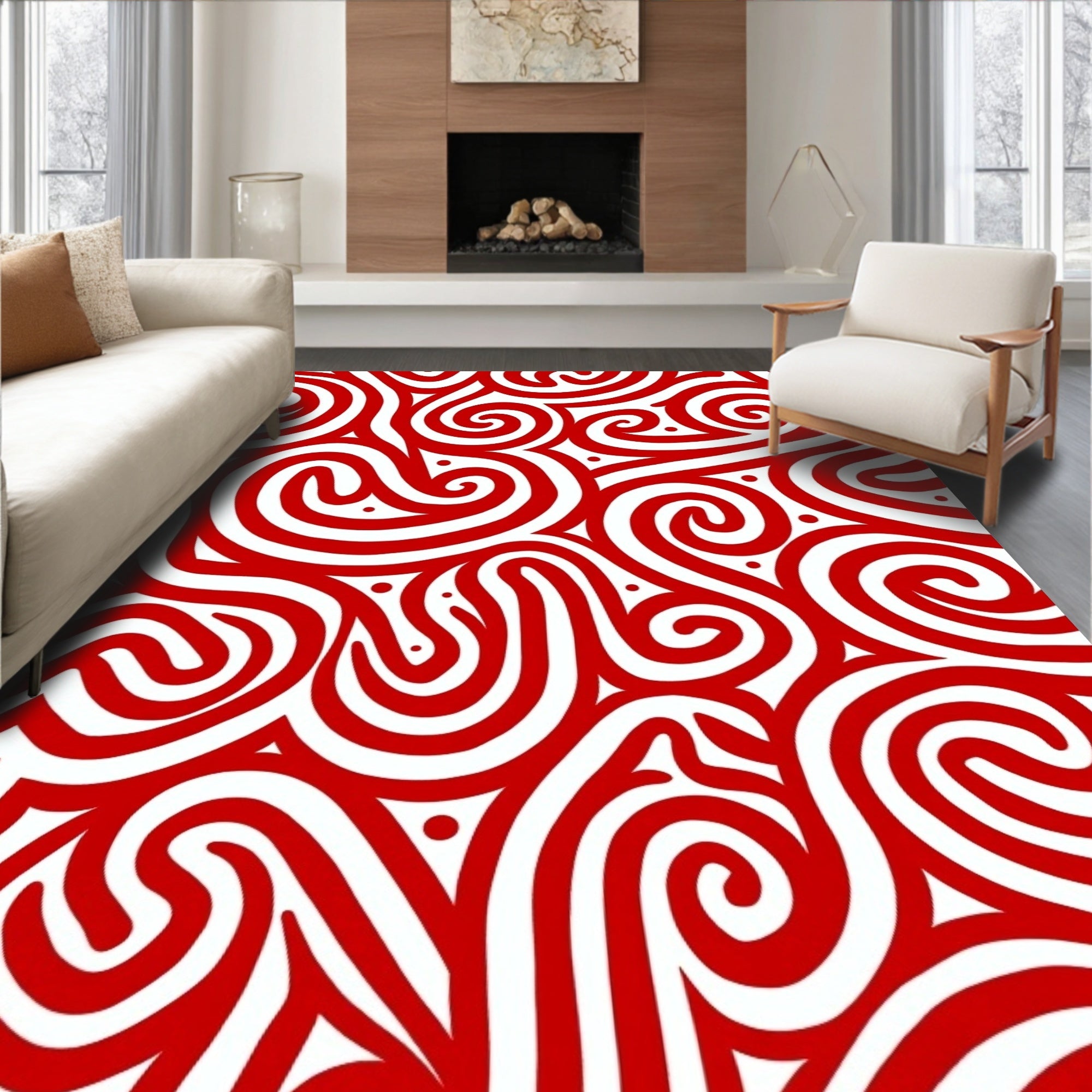 Crimson Curlicues Abstract Rug