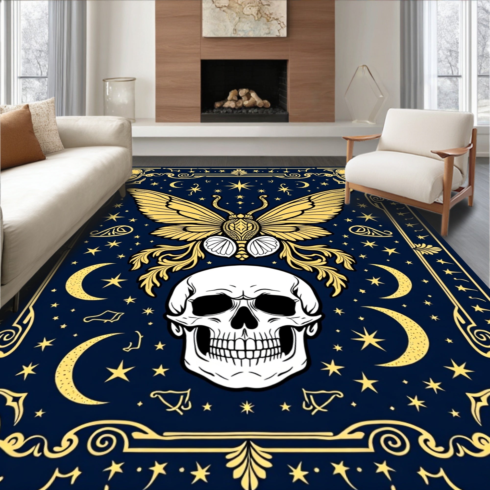 Mysterious Night Sky Moth Skull Design Rug