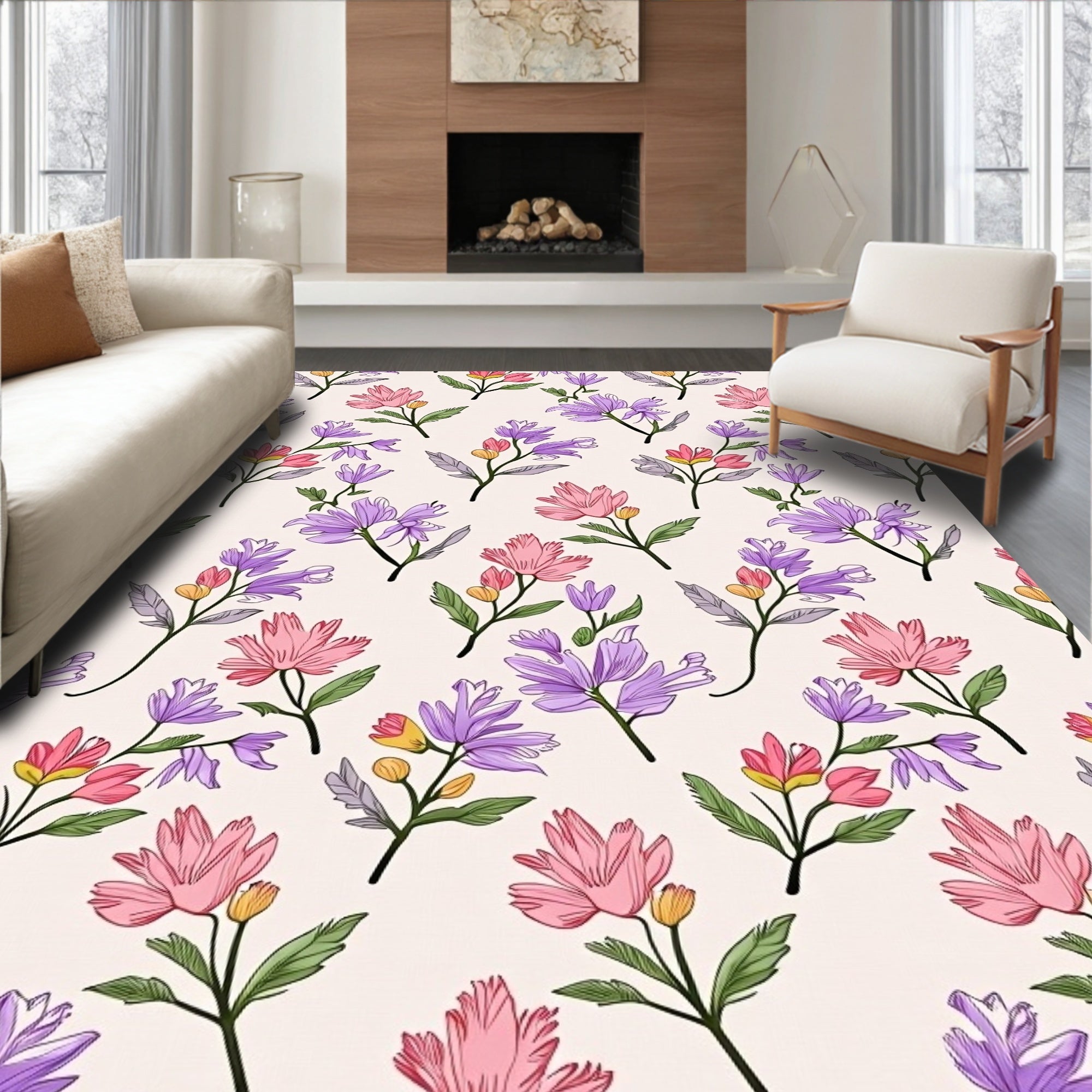 Blooming Floral Branches Pattern Rug