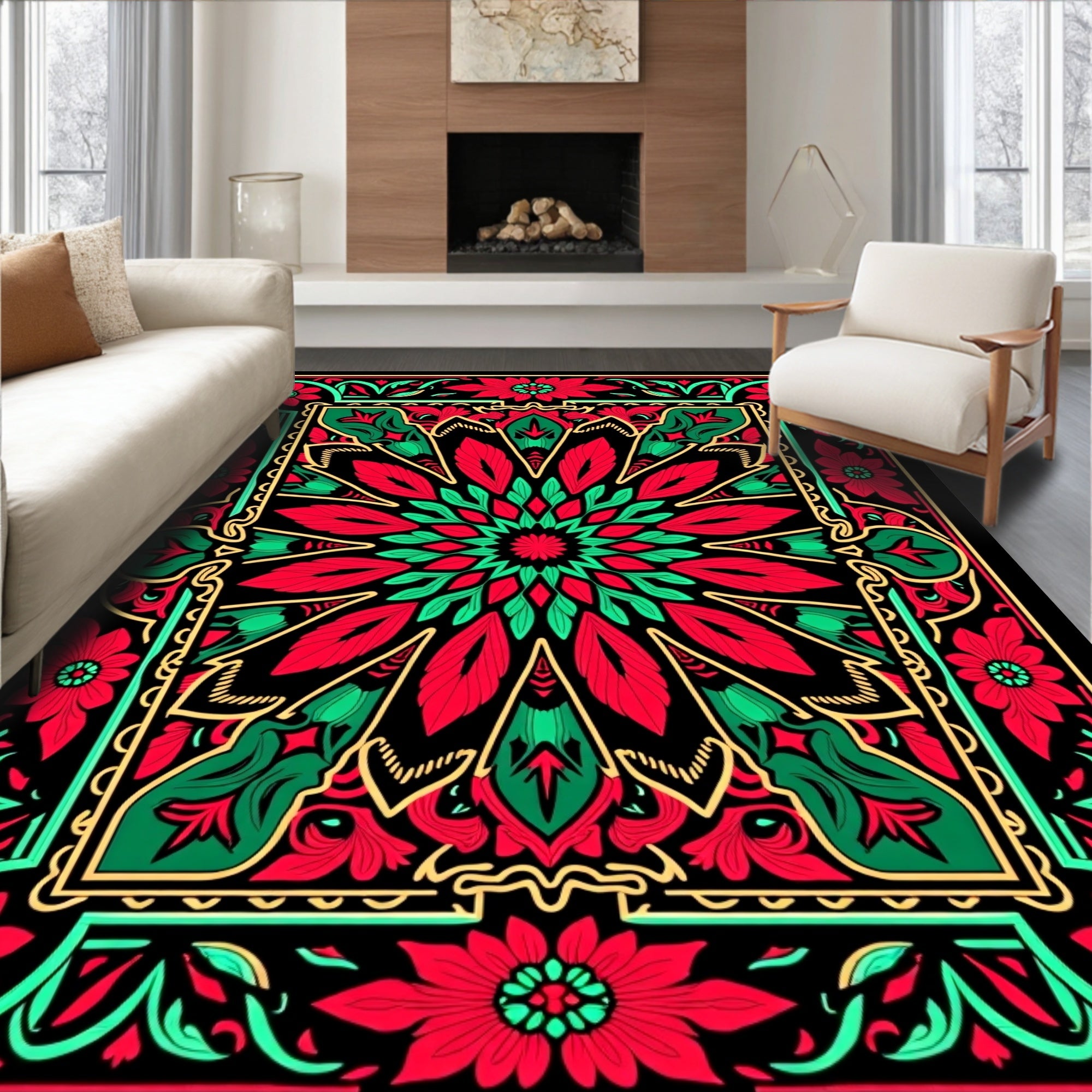 Vibrant Floral Medallion Frame Design Rug