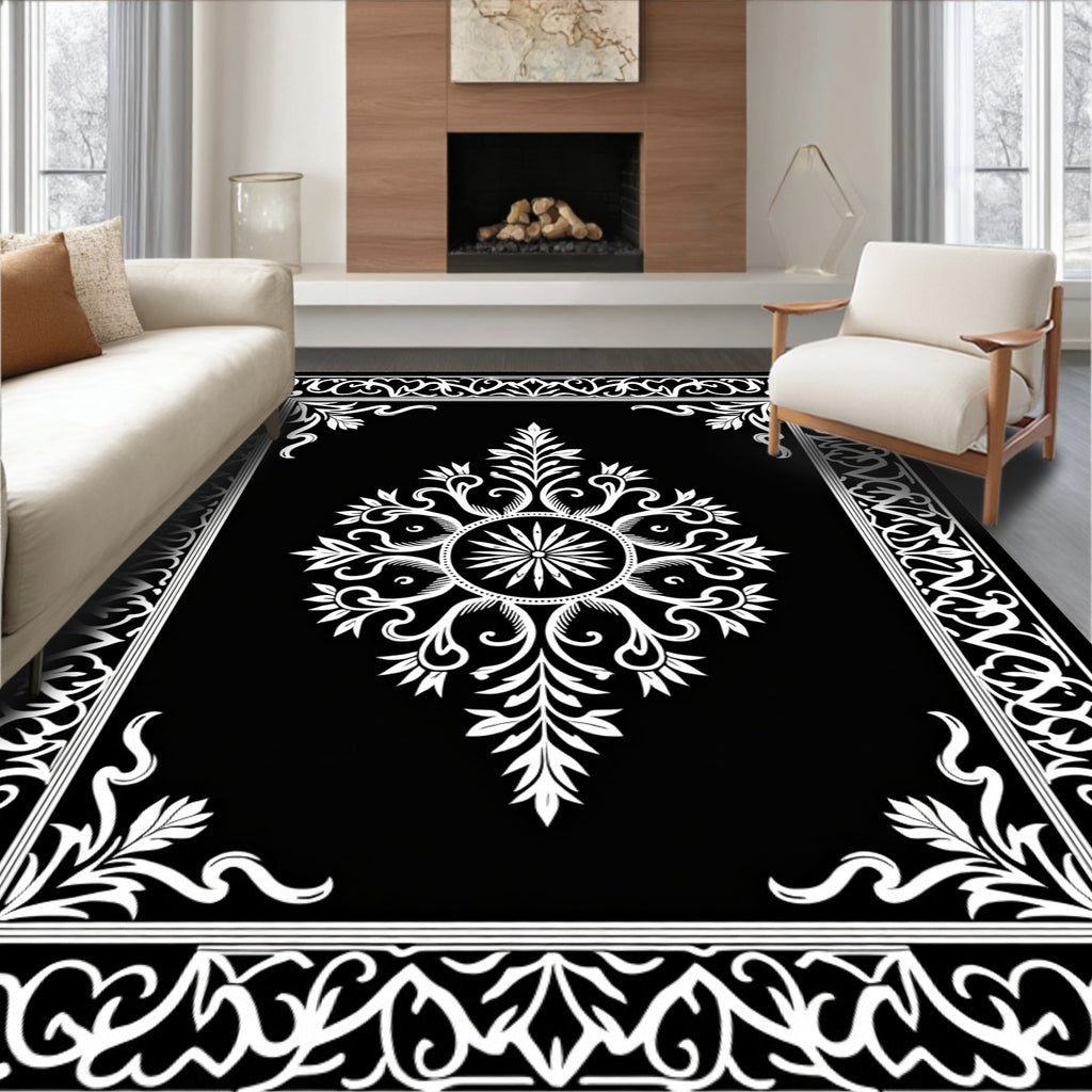 Ornate Floral Black White Design Rug