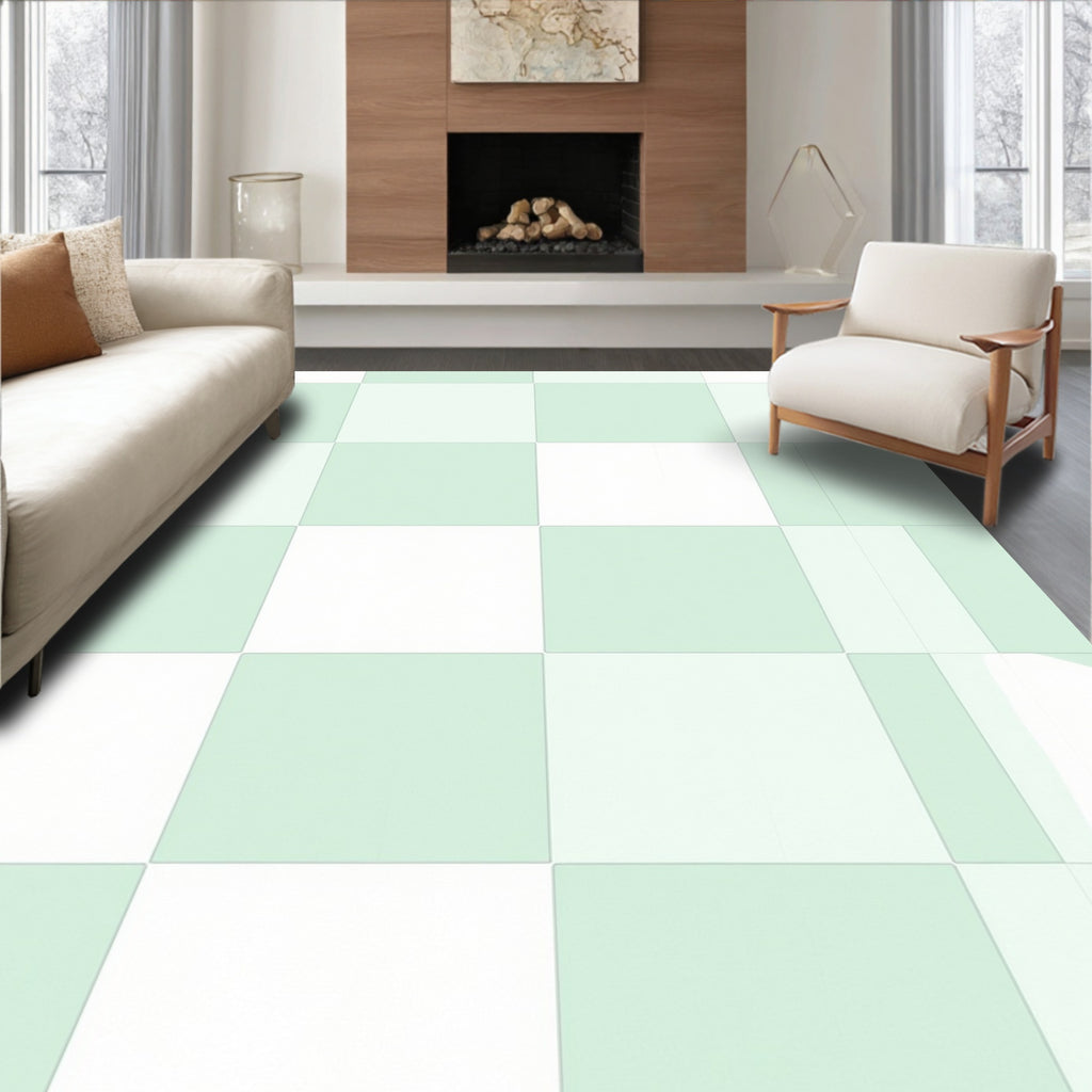 Pale Green White Checkered Grid Rug