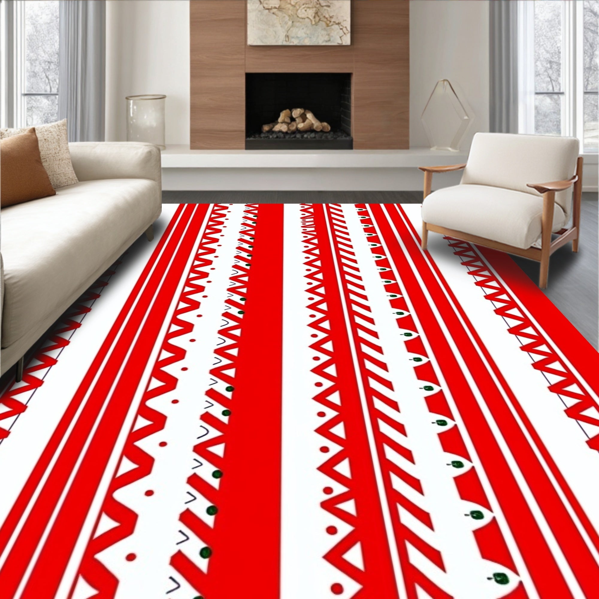 Red White Vertical Stripe Pattern Design Rug