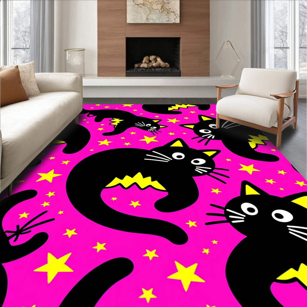 Playful Black Cats Stars Pattern Rug