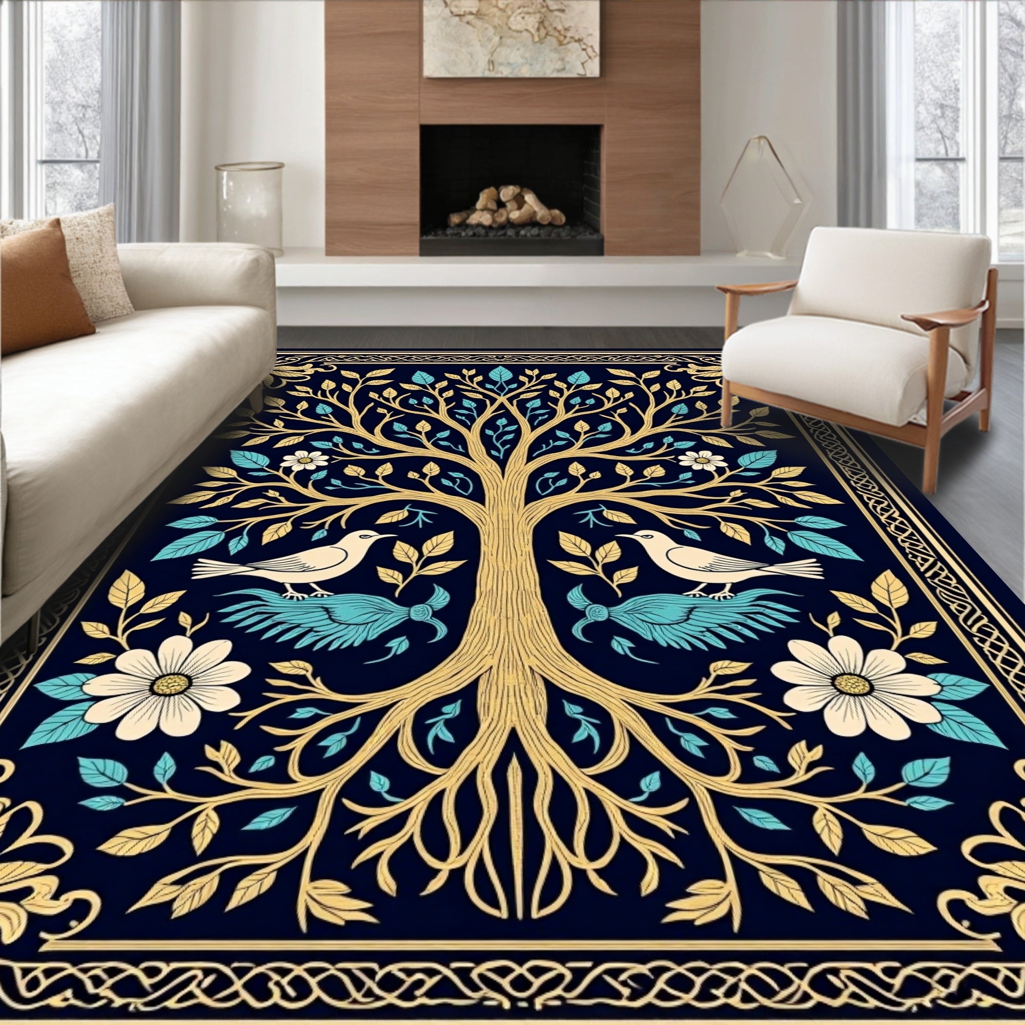 Tree of Life Birds Floral Border Design Rug