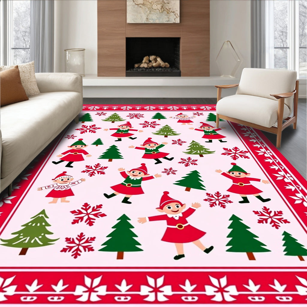 Festive Red Elf Christmas Tree Snowflakes Rug