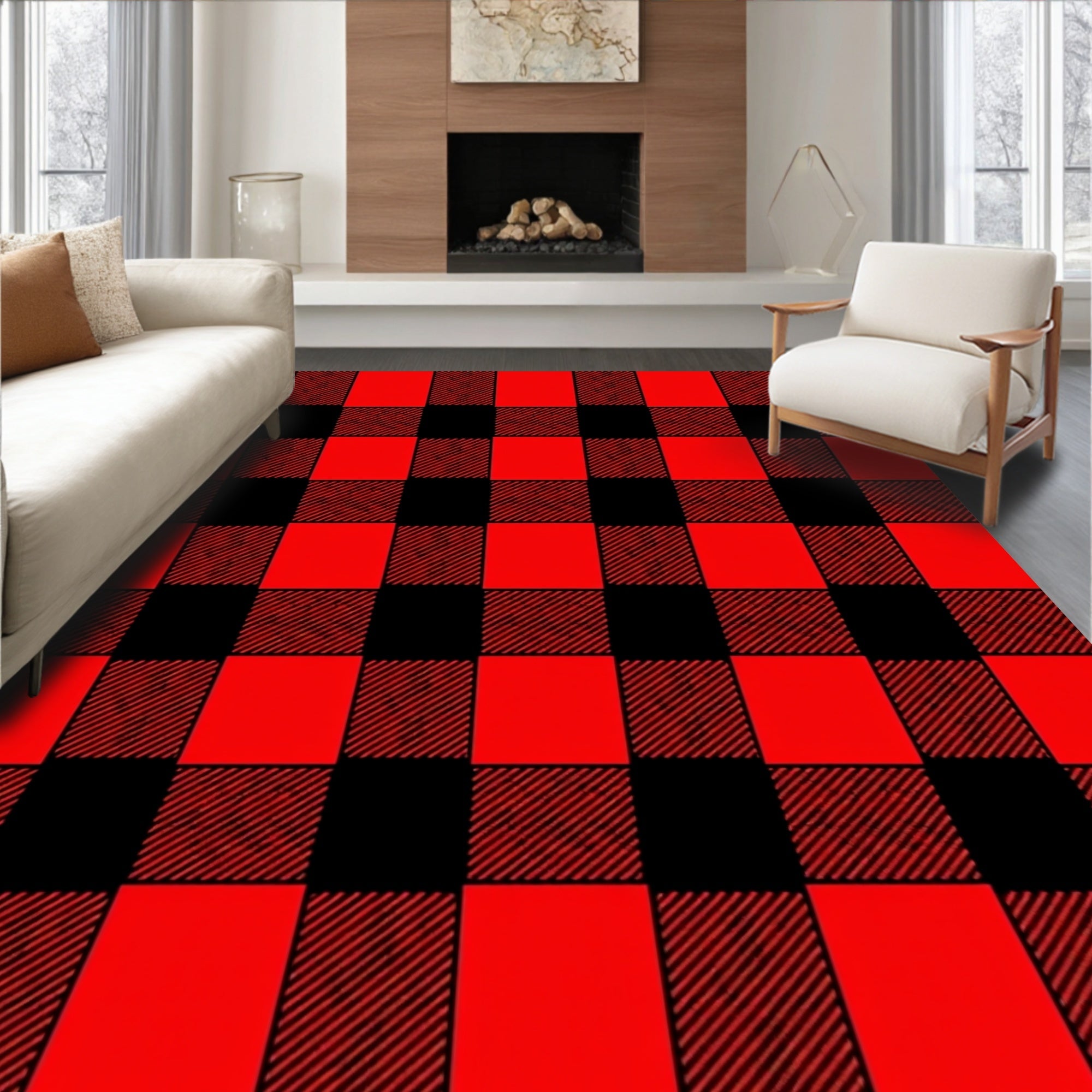 Bold Red Black Checkered Pattern Rug