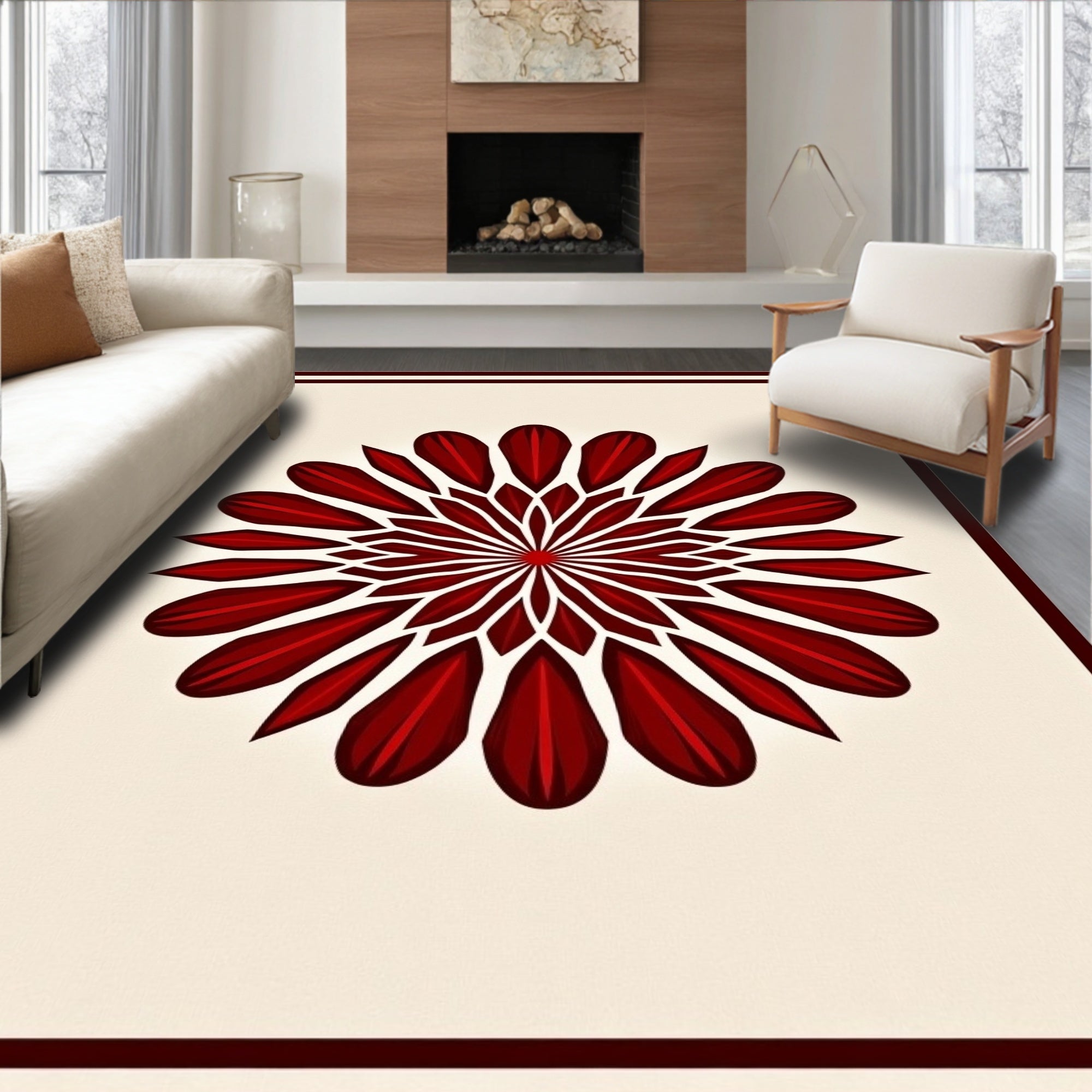 Geometric Red Floral Mandala Design Rug