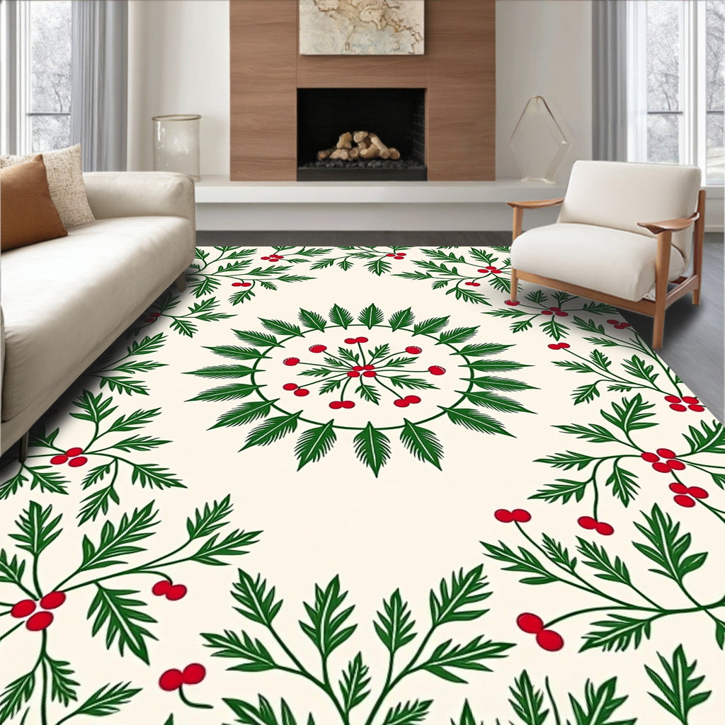 Green Leaf Berry Botanical Pattern Rug