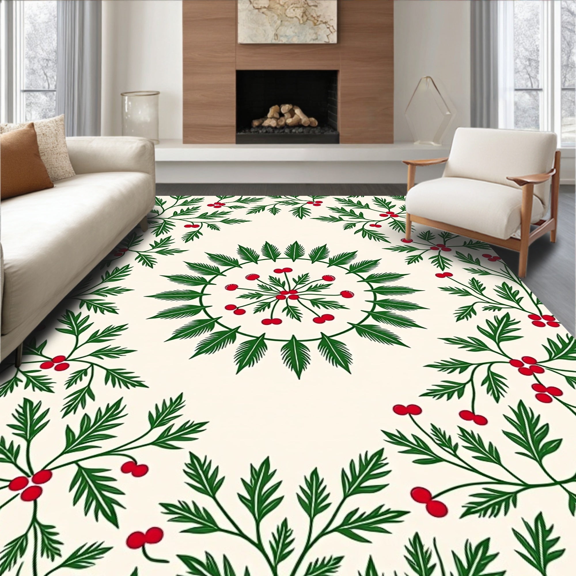 Green Leaf Berry Botanical Pattern Rug
