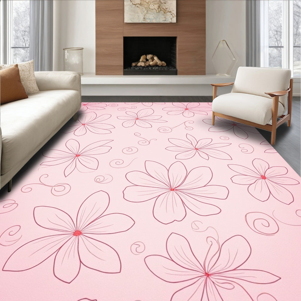 Pink Floral Swirl Outline Design Rug