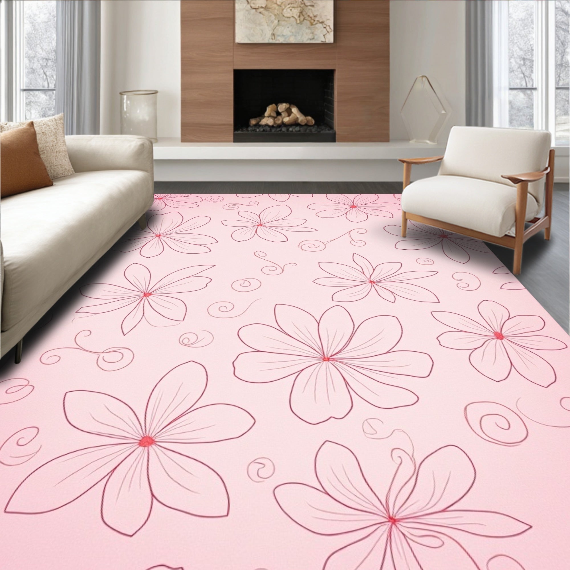 Pink Floral Swirl Outline Design Rug