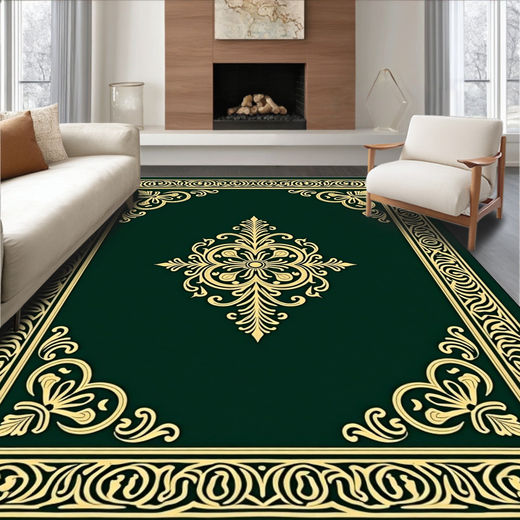 Emerald Gold Ornate Medallion Frame Rug