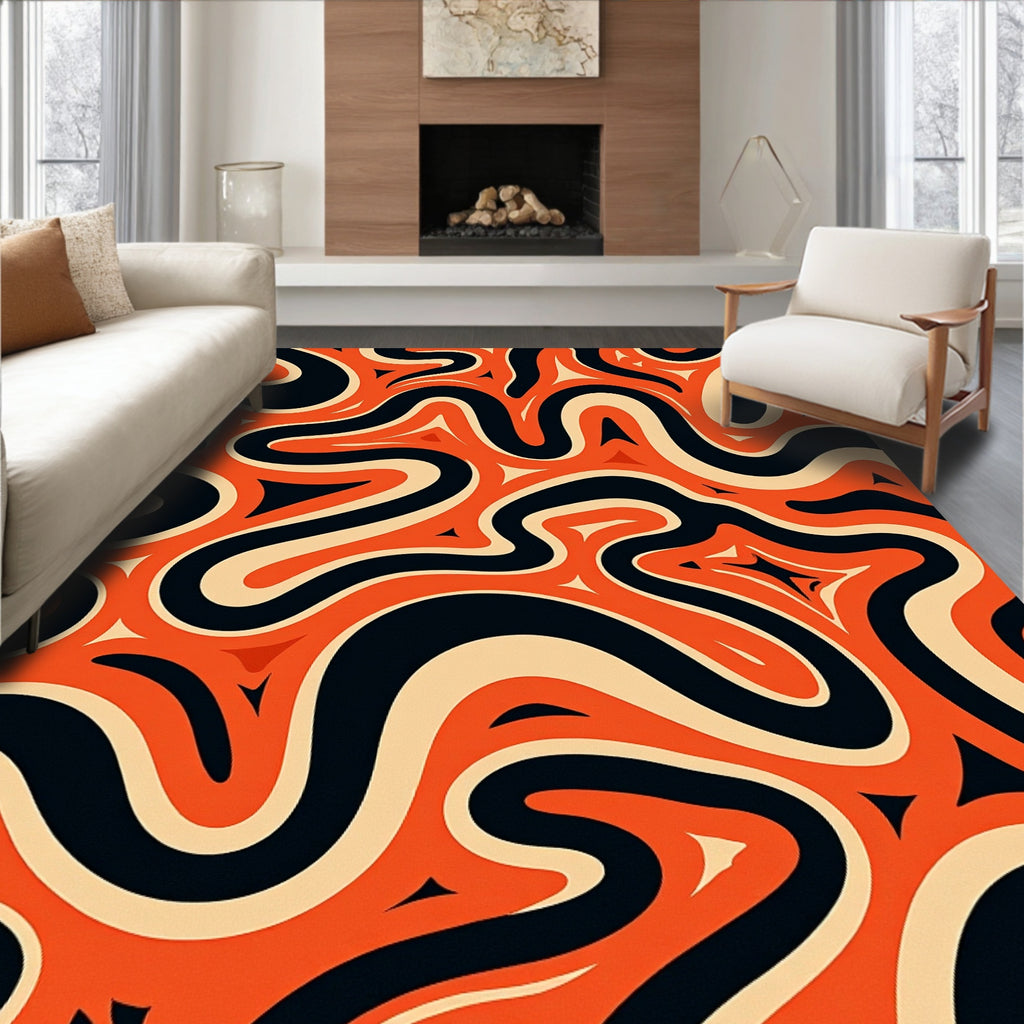 Retro Orange Black Swirls Design Rug
