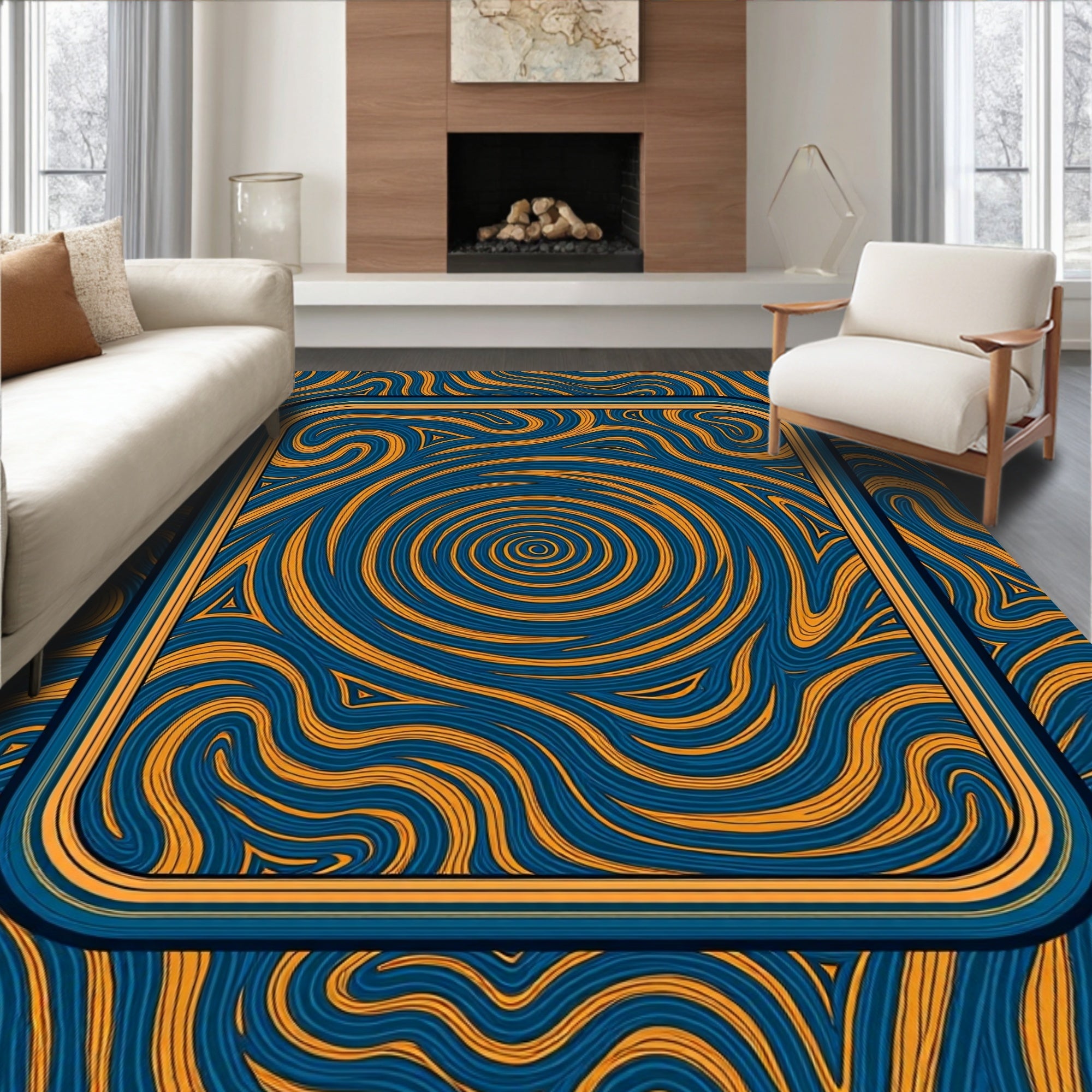 Abstract Swirls Blue Gold Pattern Rug