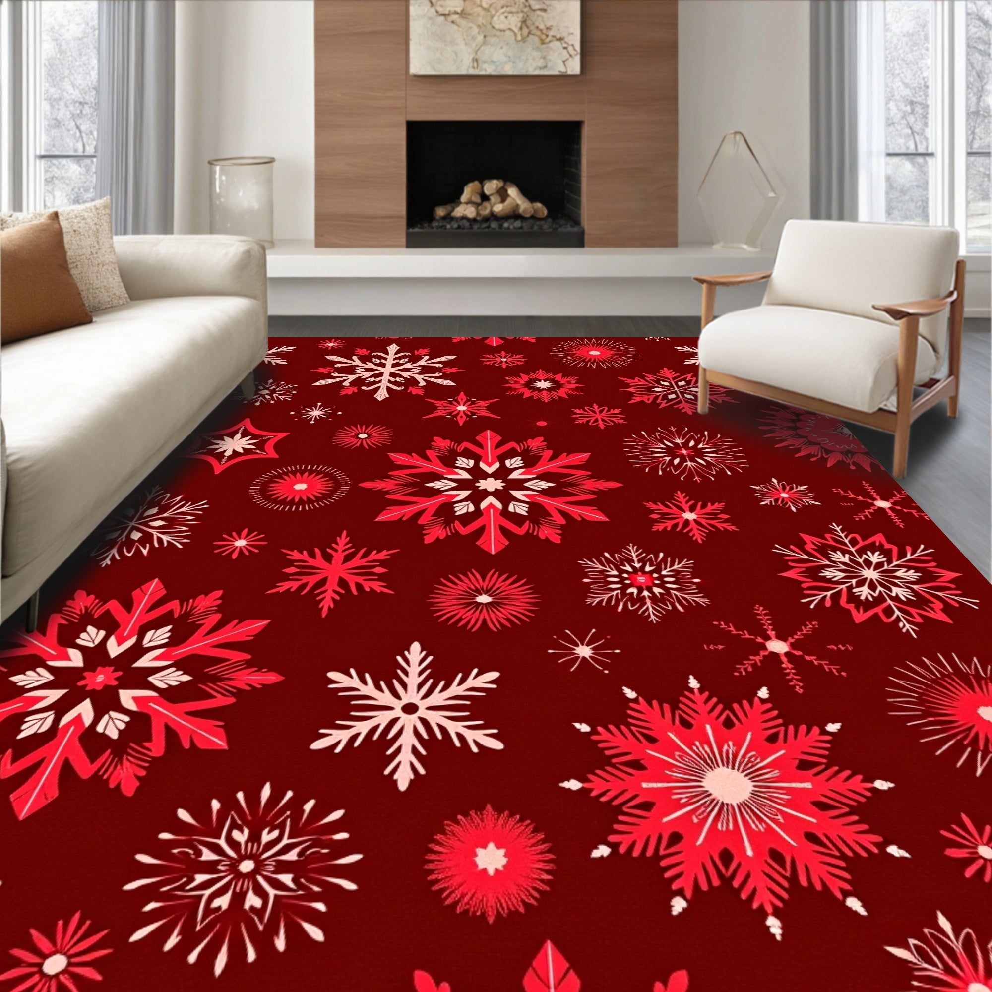 Red White Snowflake Pattern Decor Rug