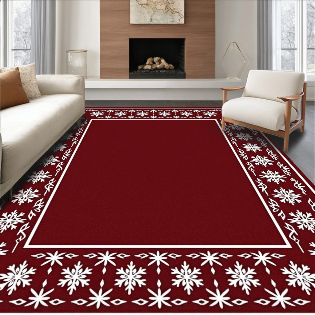 White Snowflake Border In Crimson Red Rug