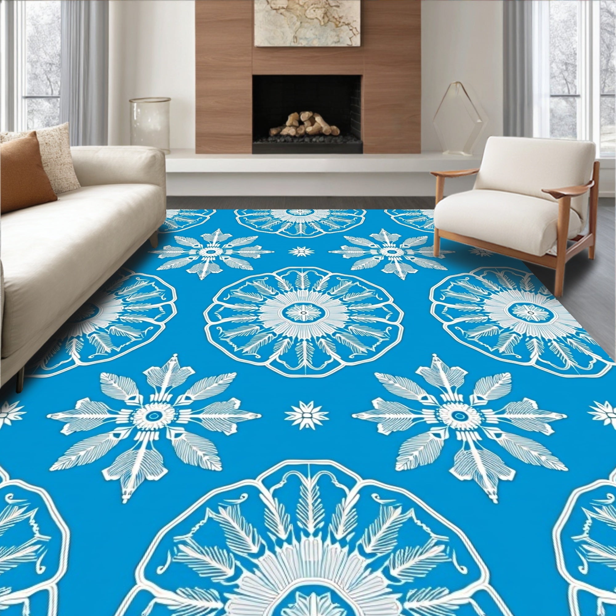 Bright Blue White Medallion Garden Rug