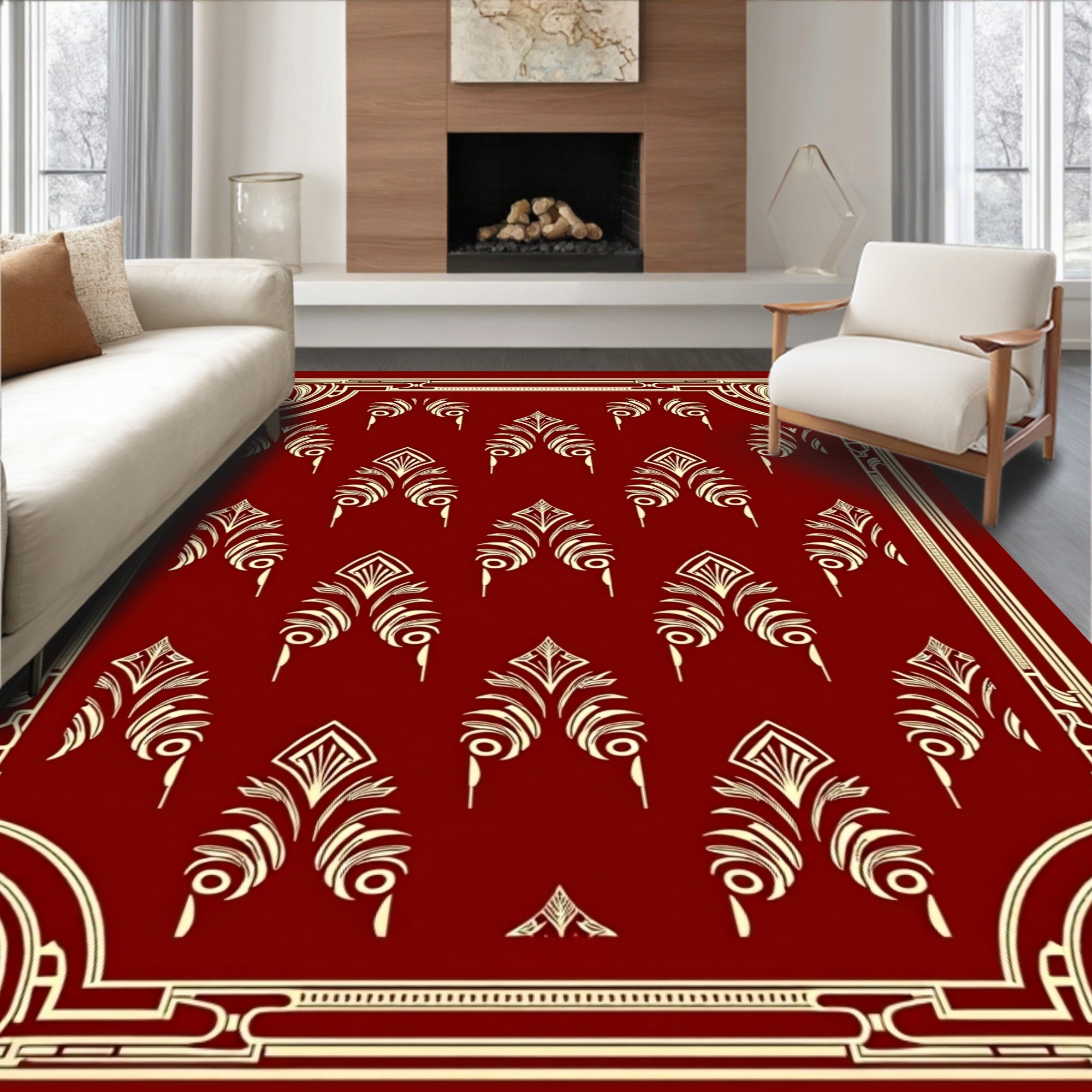 Art Deco Leaf Pattern Red Rug
