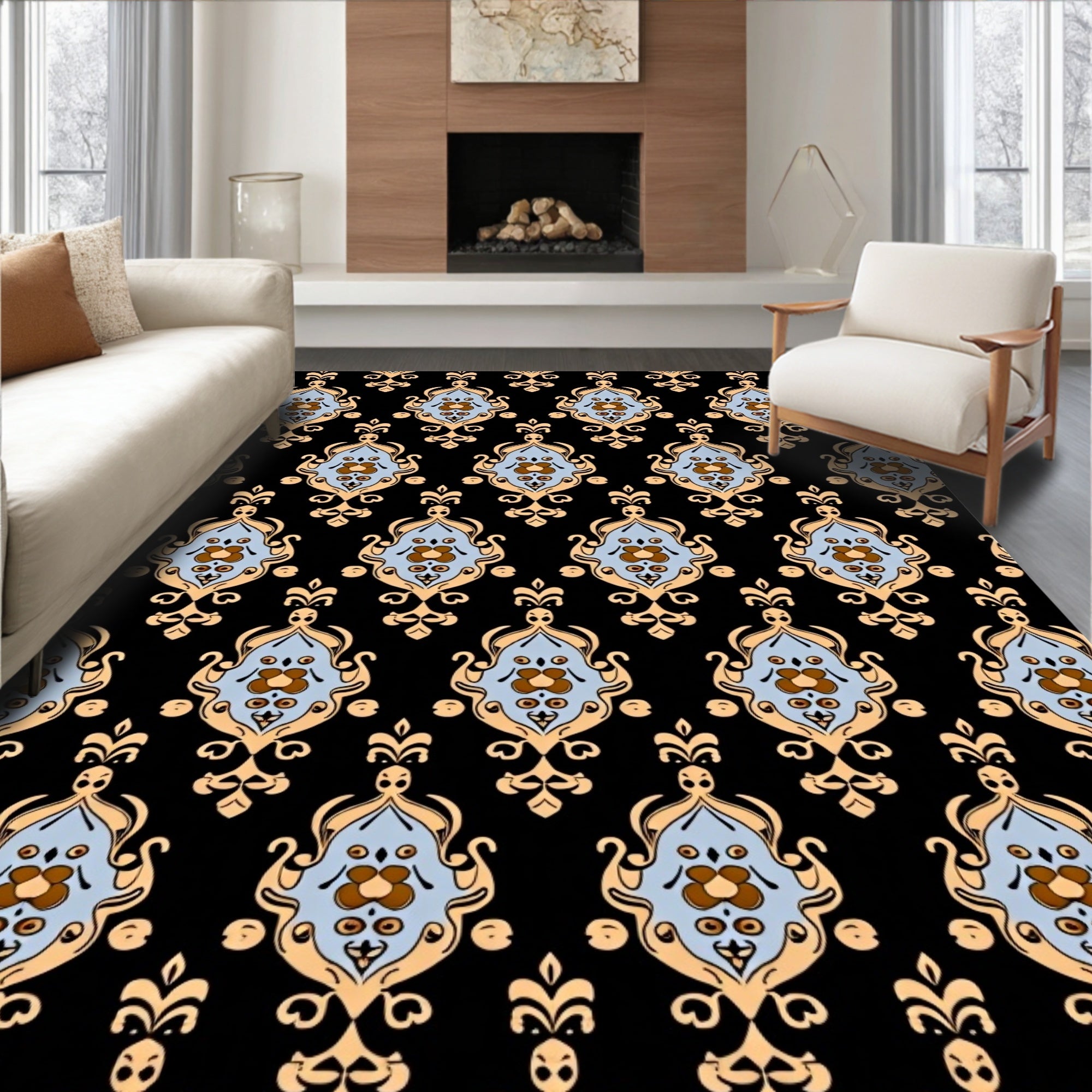 Ornate Blue Gold Damask Pattern Rug