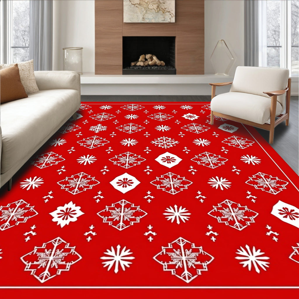 Red White Scandinavian Snowflake Pattern Rug