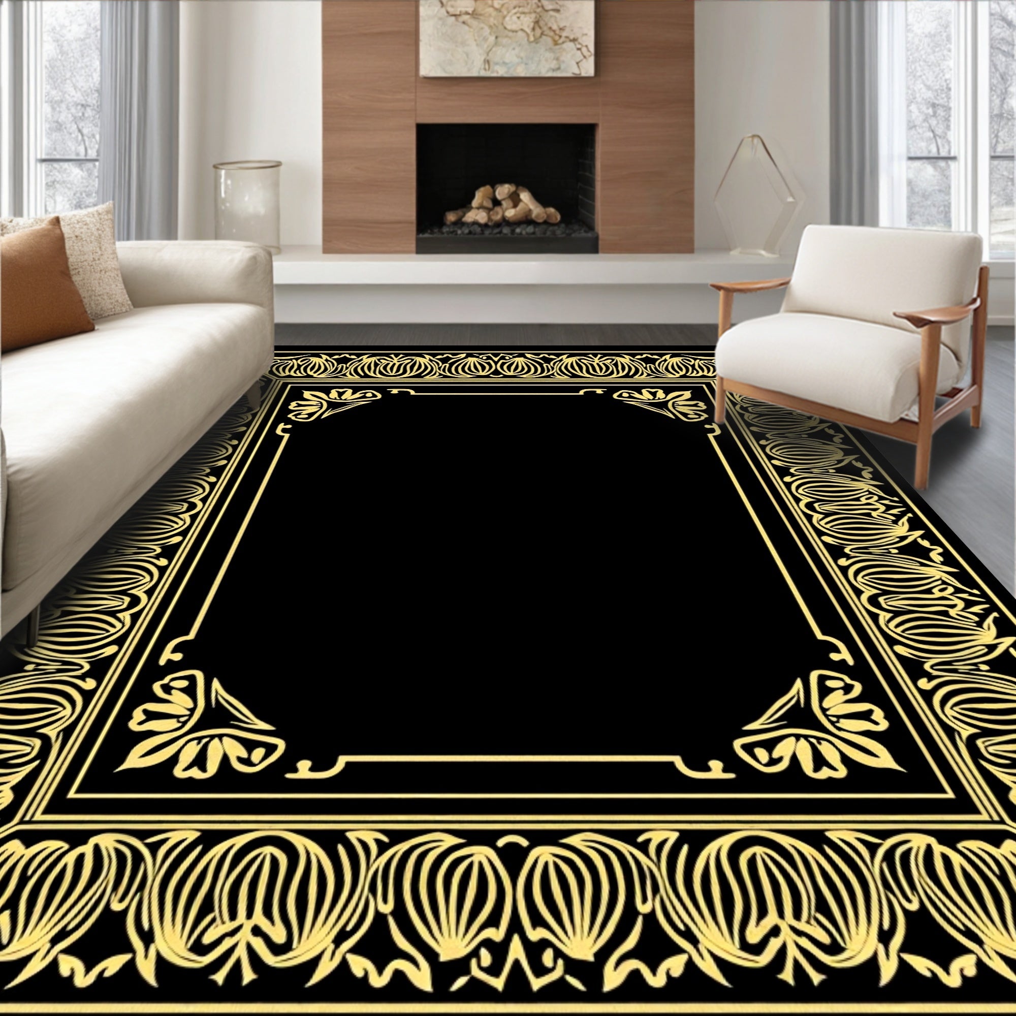 Golden Floral Art Nouveau Border Rug