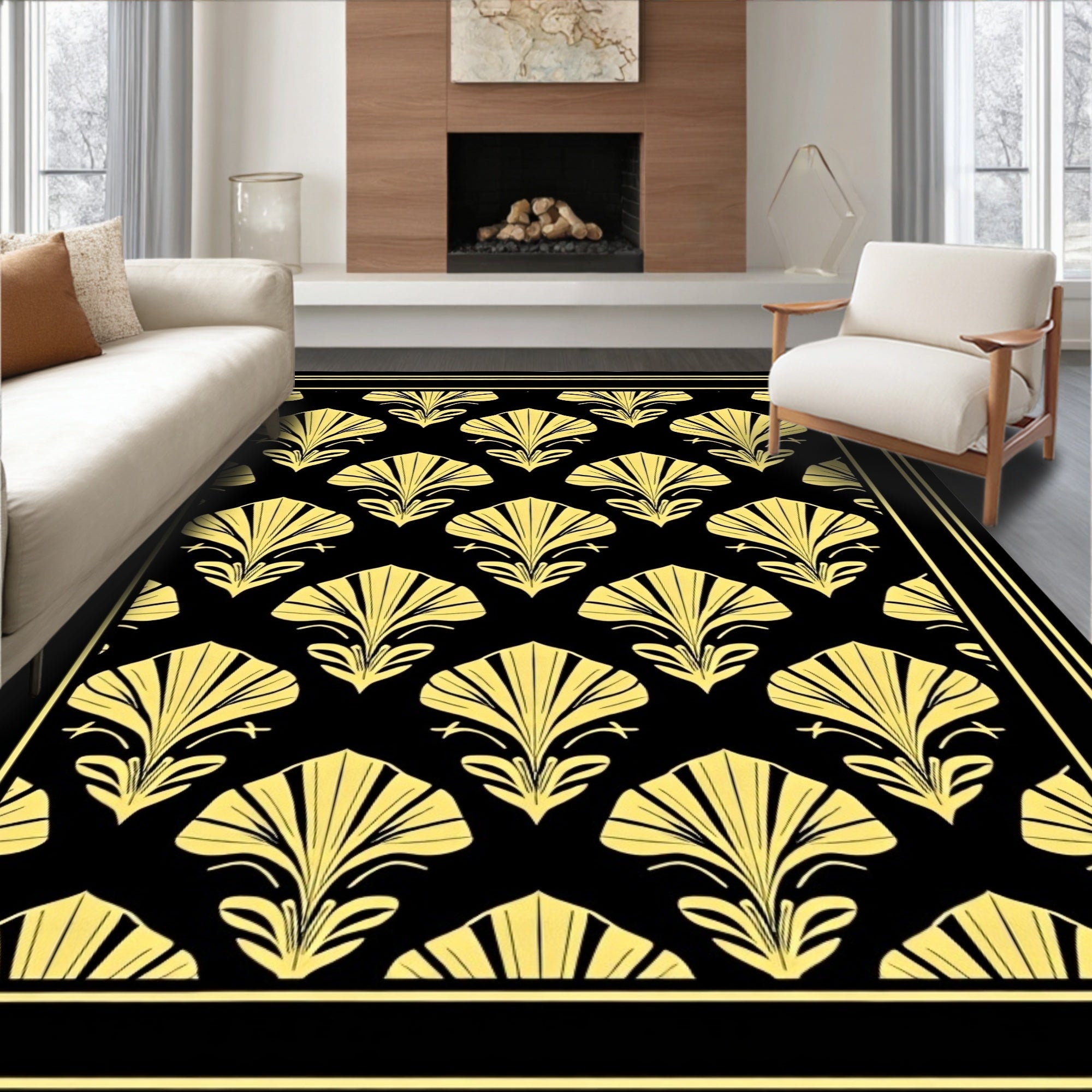 Golden Fan Motif Pattern Rug