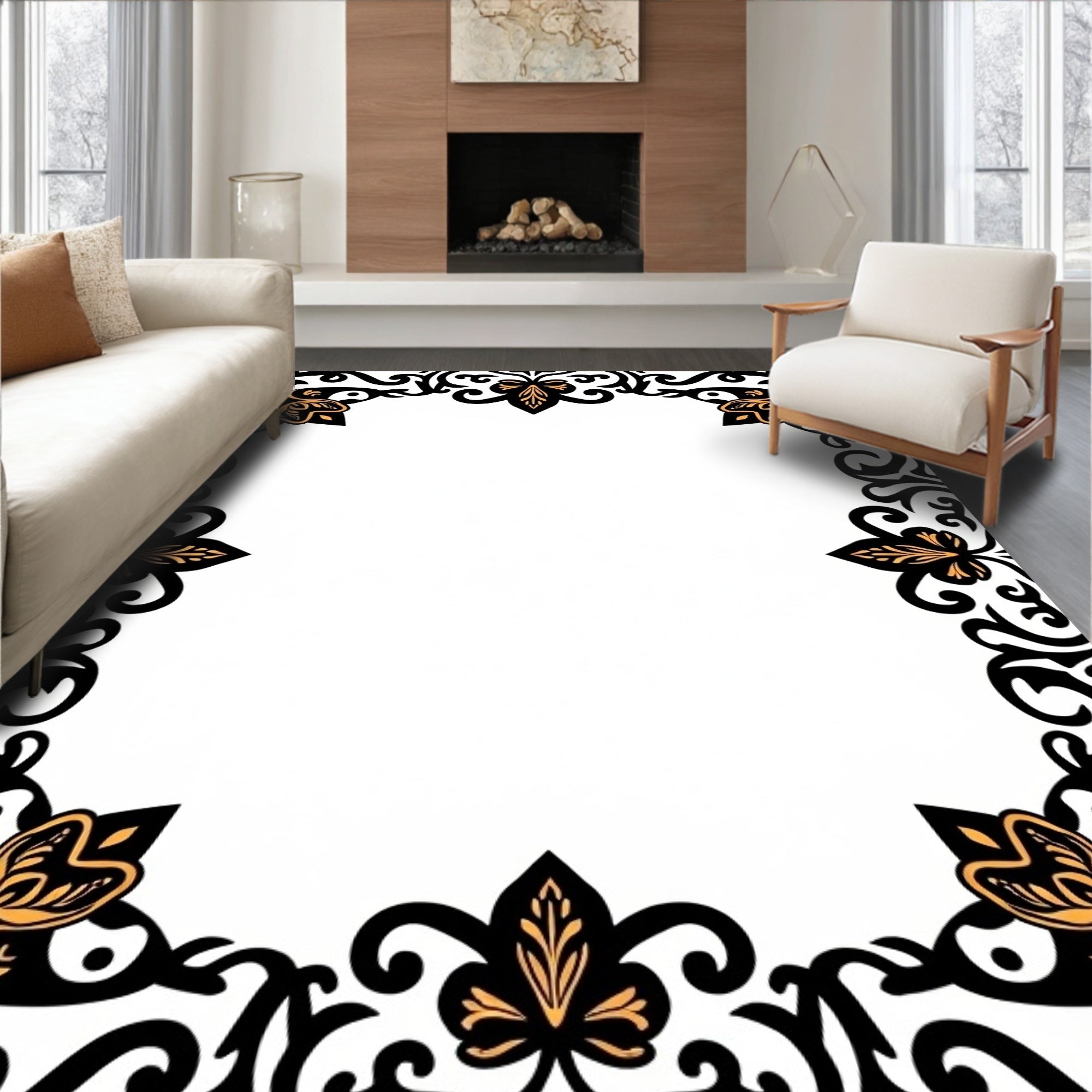 Ornate Black Gold Floral Scroll Rug