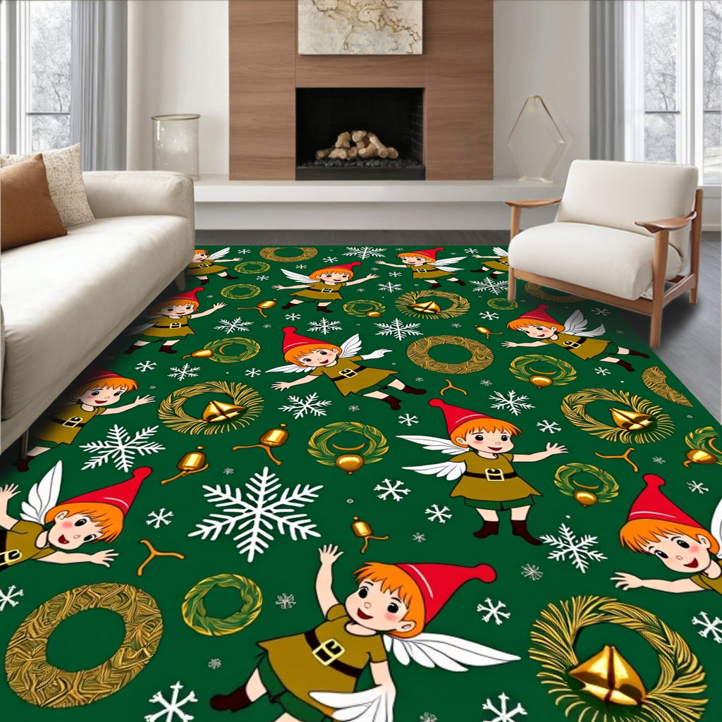 Whimsical Elf Snowflakes Christmas Wreaths Rug