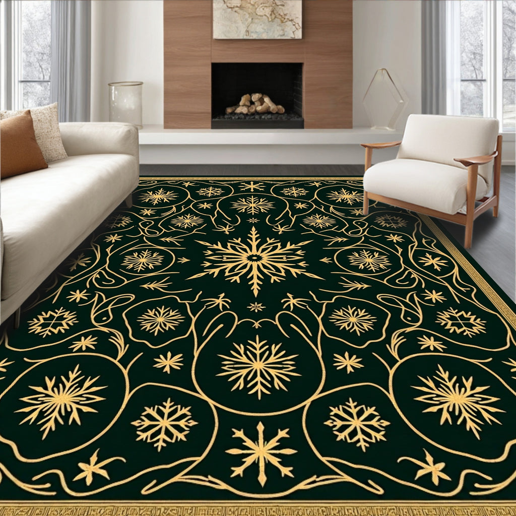 Gold Snowflake Forest Dark Green Rug