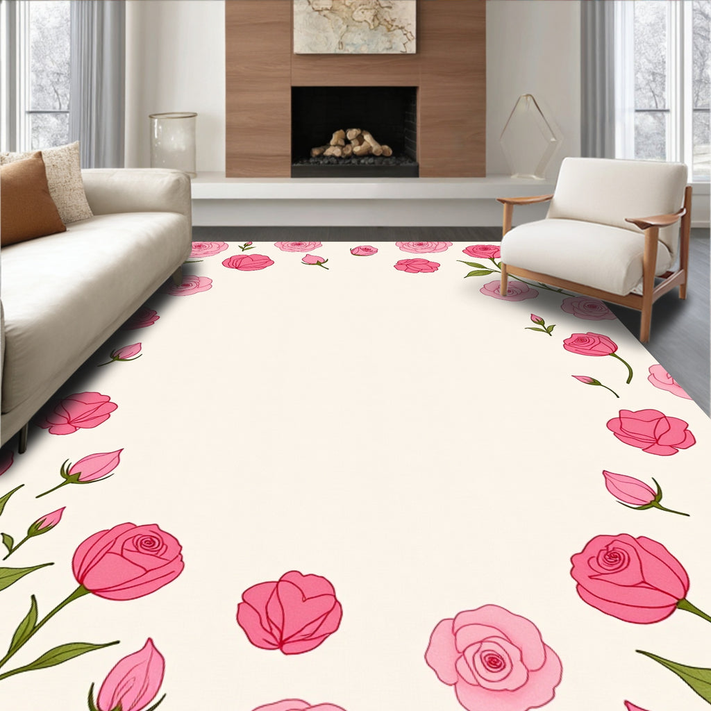 Pink Roses Patterned Decorative Rug