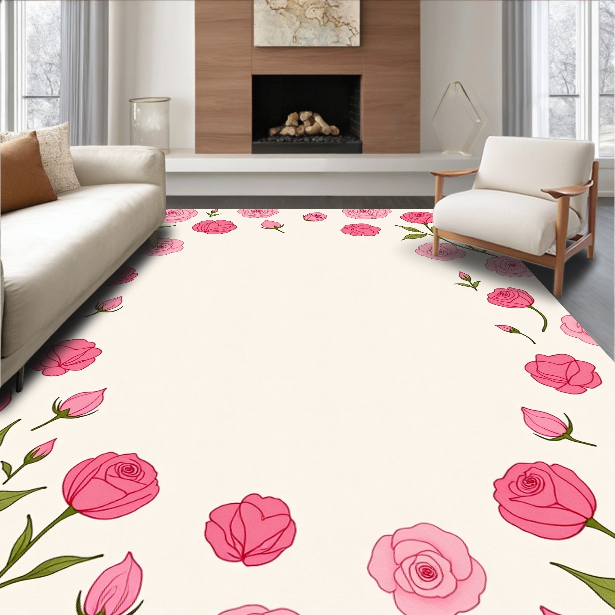 Pink Roses Patterned Decorative Rug