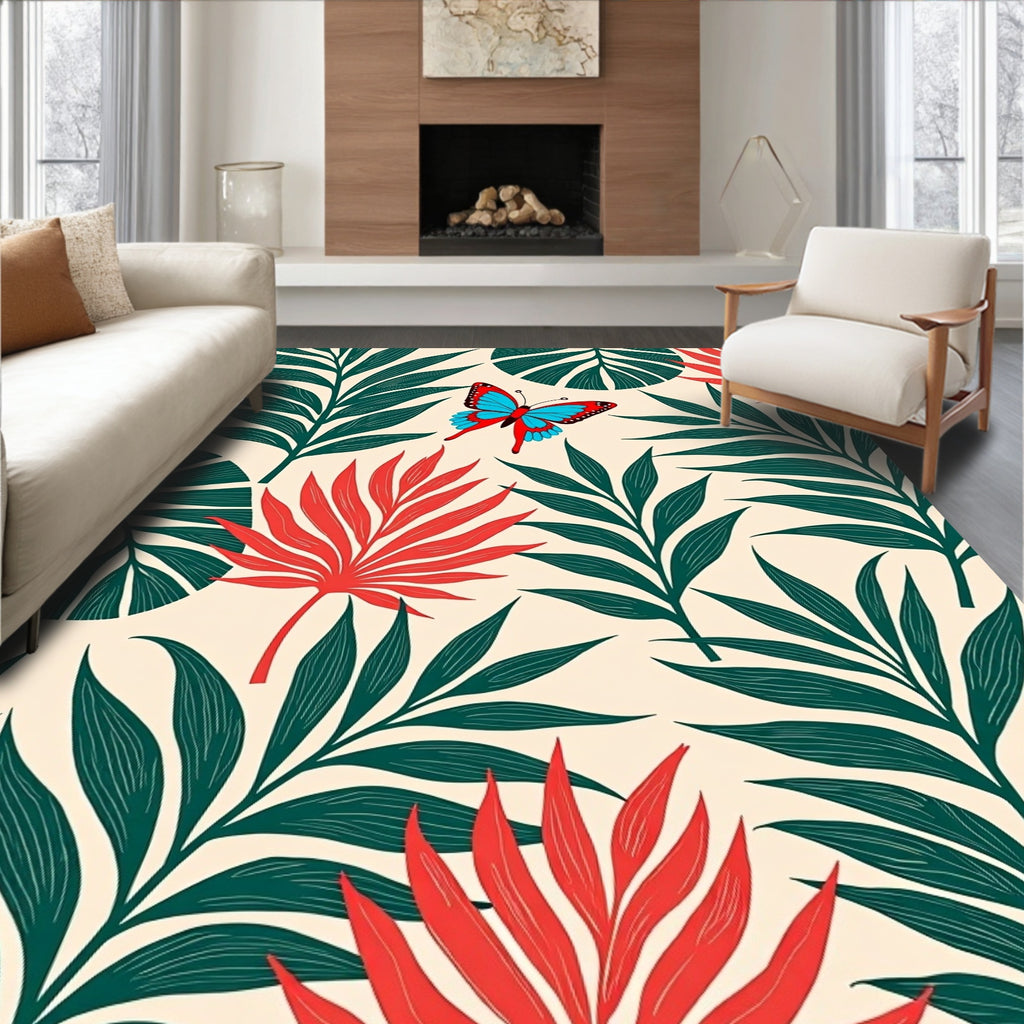 Tropical Leaves and Butterfly Pattern Rug