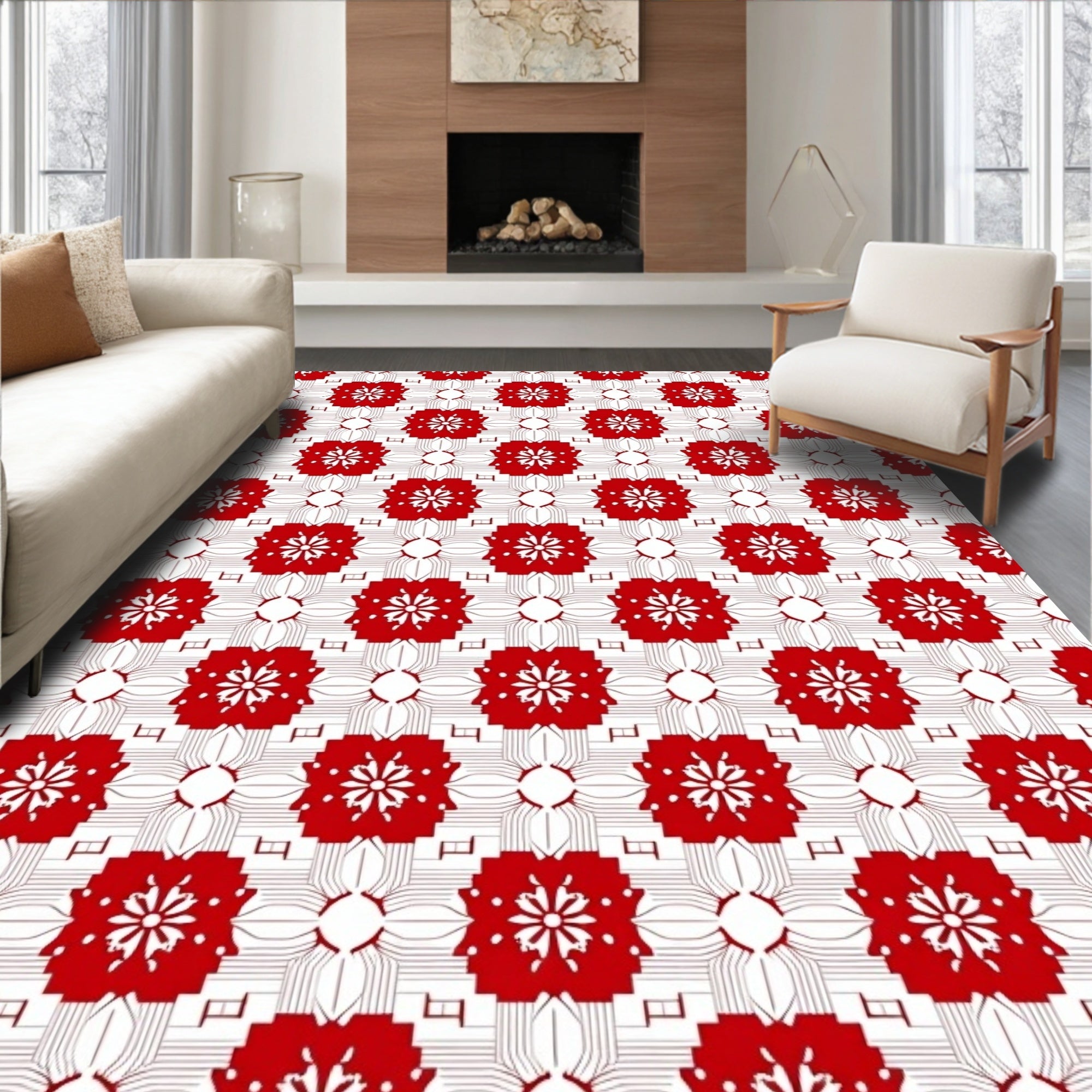 Bold Red Chrysanthemum Lattice Rug
