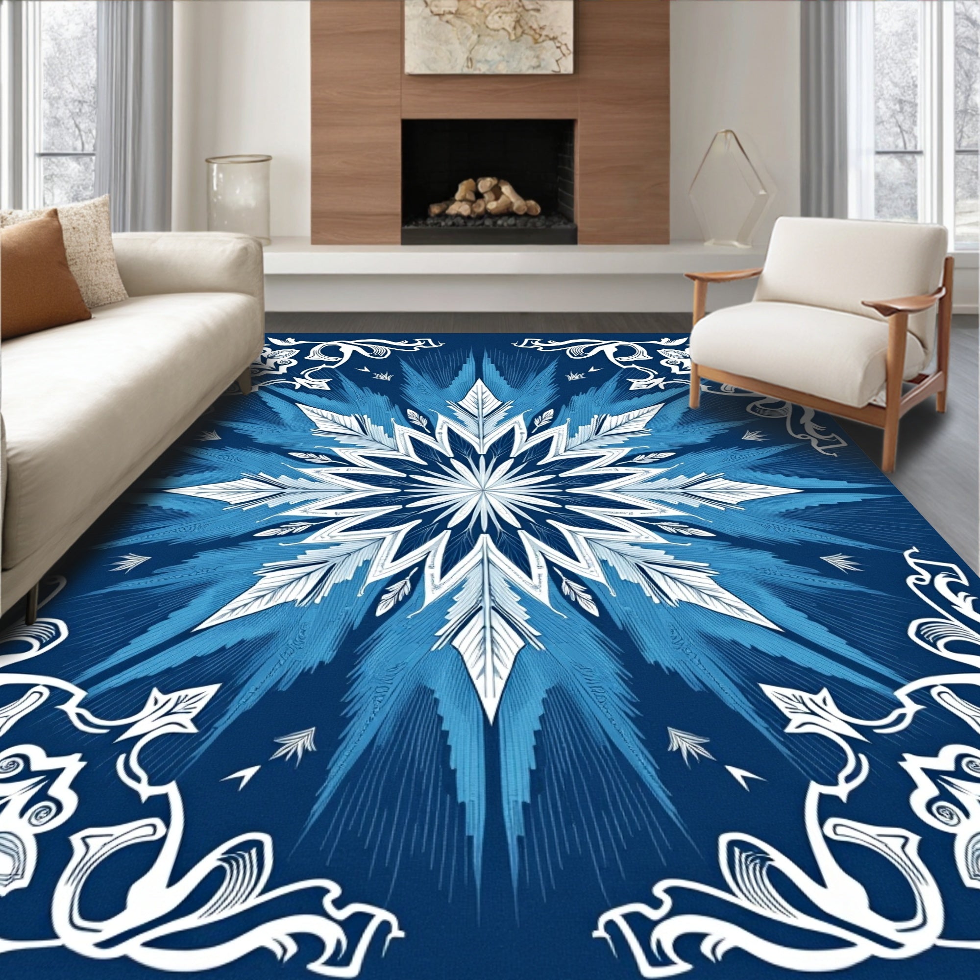 Azure White Starburst Floral Frame Rug