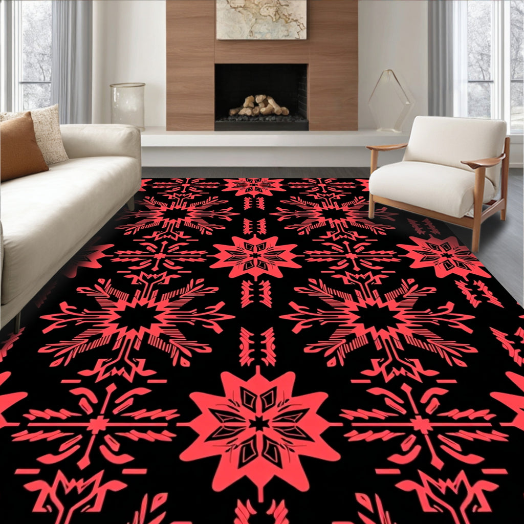Bold Red Geometric Snowflake Pattern Rug