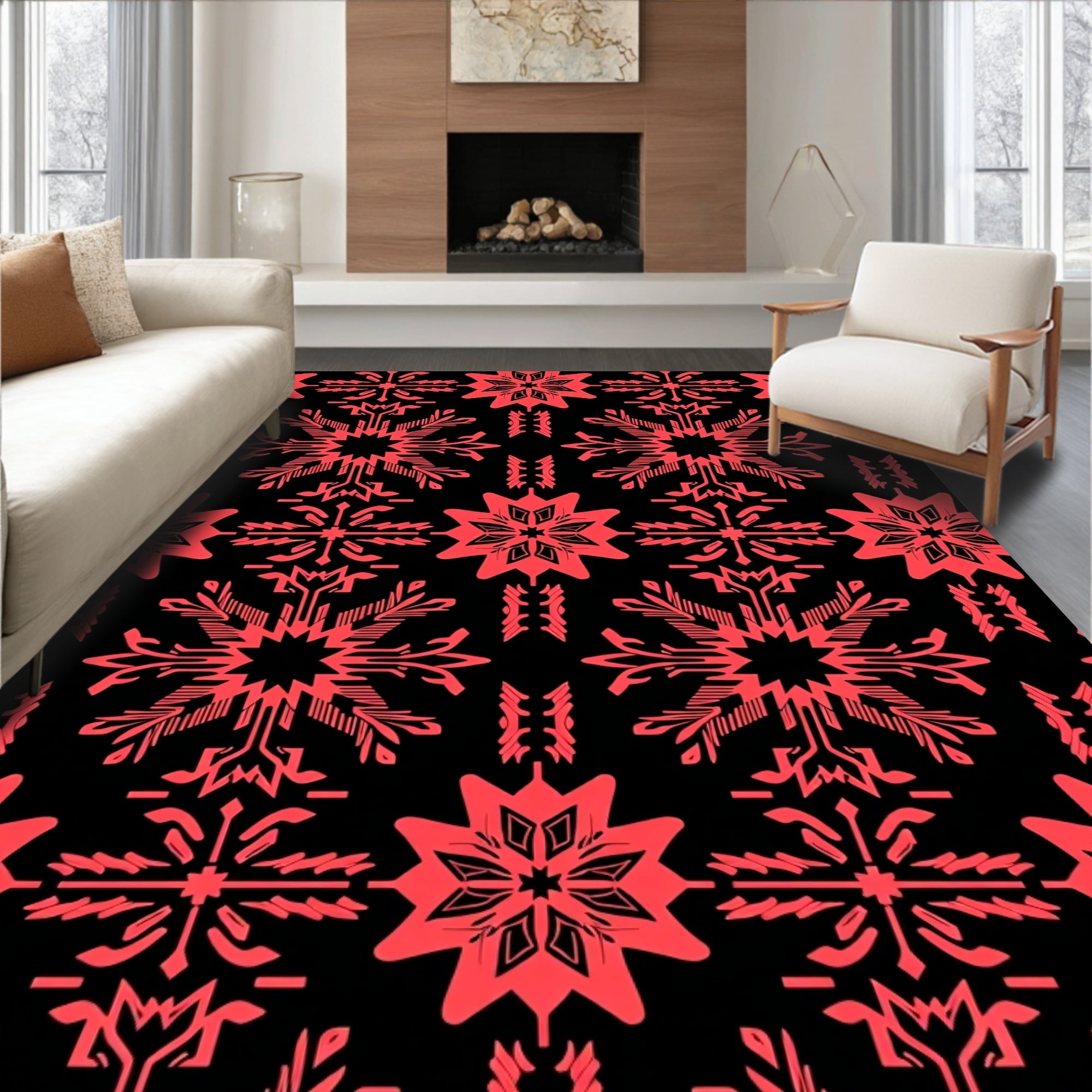Bold Red Geometric Snowflake Pattern Rug