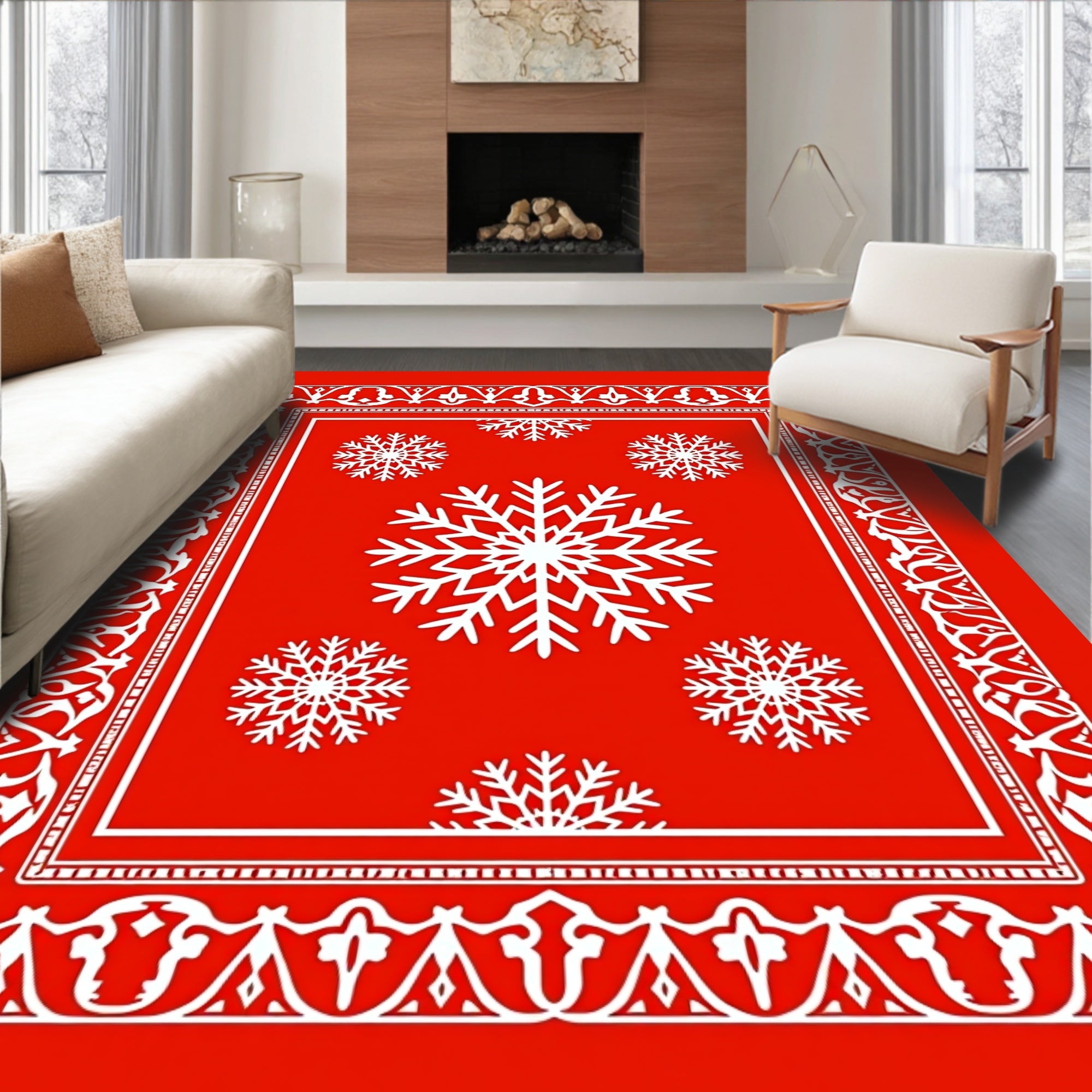 Red Snowflake Festive Pattern Rug