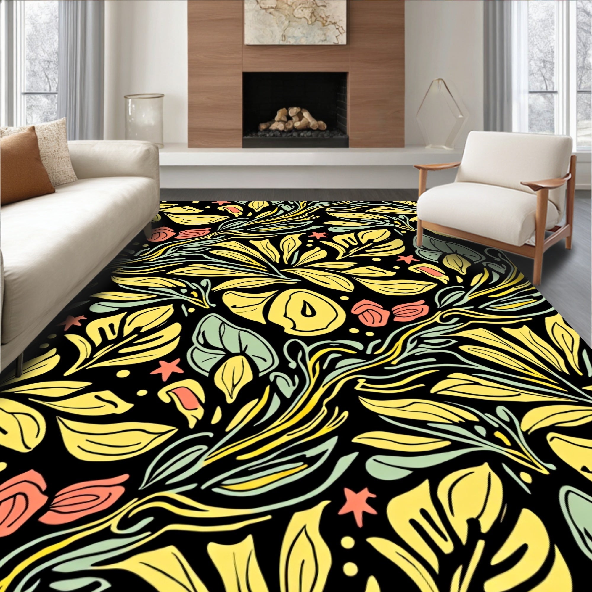 Yellow Green Botanical Abstract Design Rug