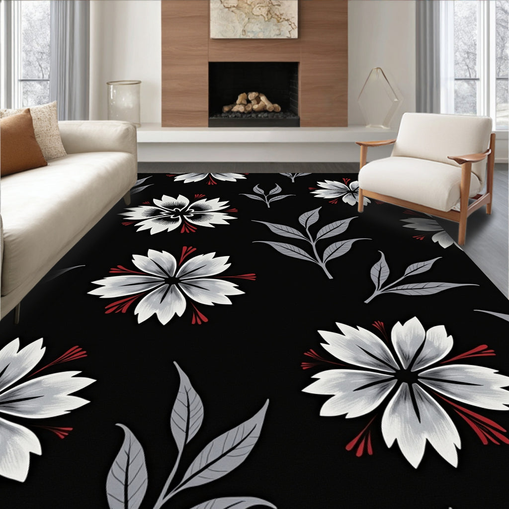 Chic Black Floral And Leaf Design Rug