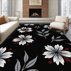 Chic Black Floral And Leaf Design Rug